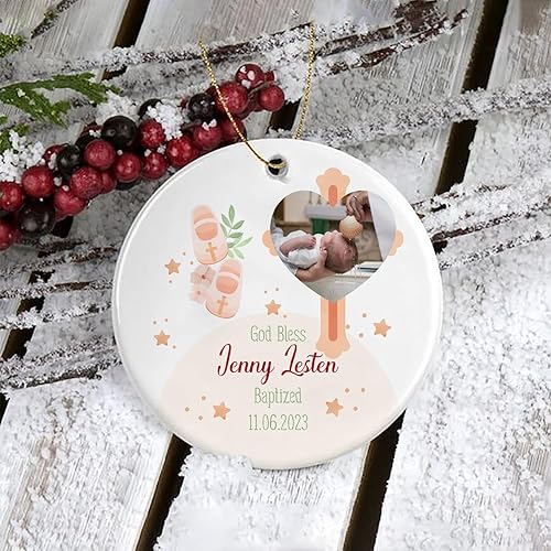 Miniatura 2 de Adorno de Navidad personalizado para bebé bautizado 2023, regalo de decoraciones navideñas, foto personalizada del bebé, nombre y fecha, adorno de