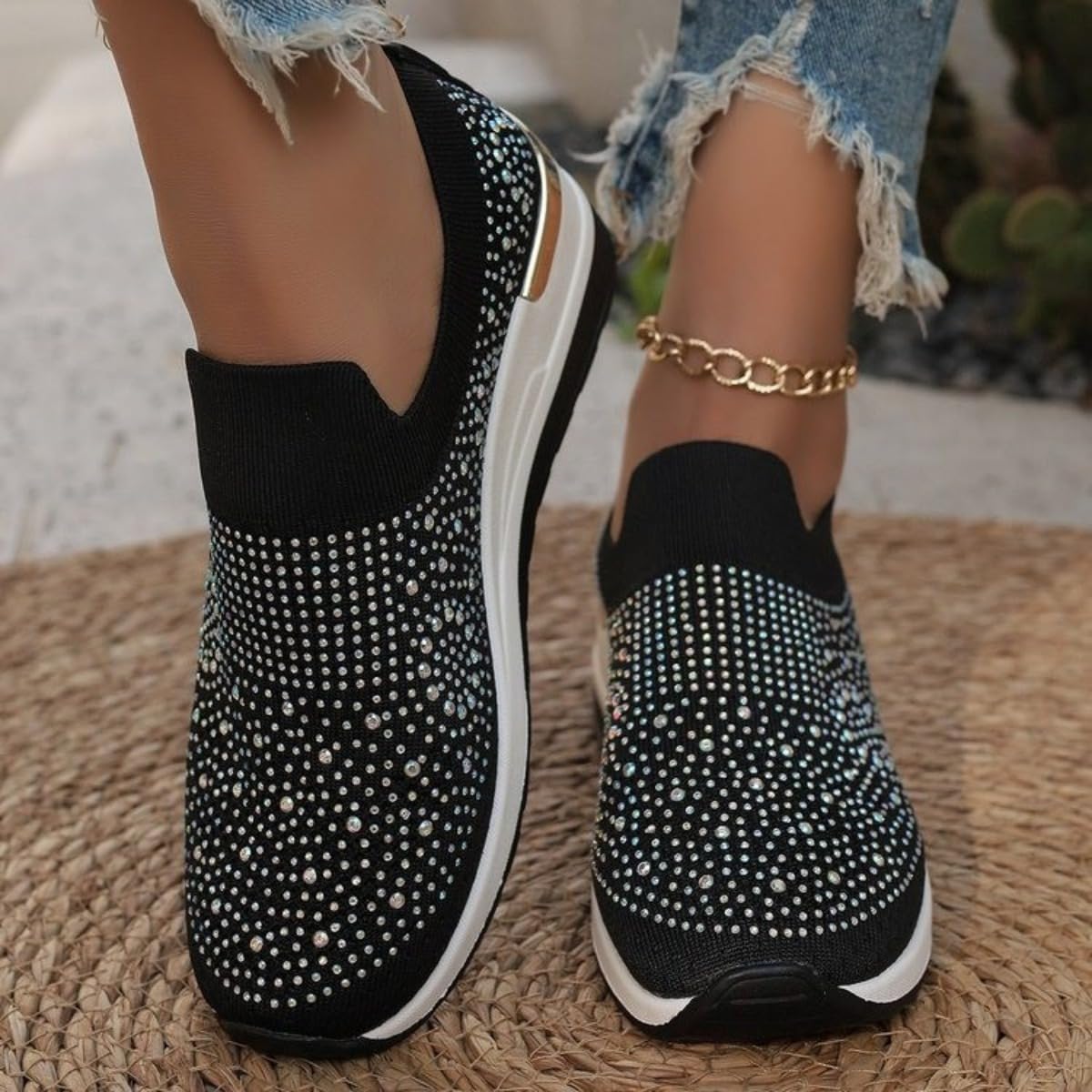 Scarpe da ginnastica da donna con zeppa e strass, alla moda, traspiranti, casual, con zeppa e strass, scarpe da ginnastica con zeppa scintillante