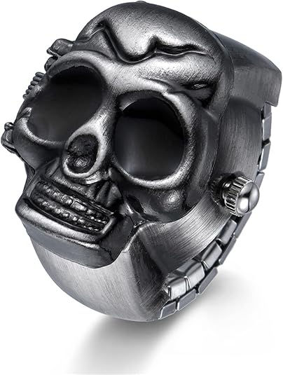 JewelryWe Men Women Finger Watch Punk Skull Flip-Open Cover Quartz Analog Adjustable Ring Watches for Mother's Day