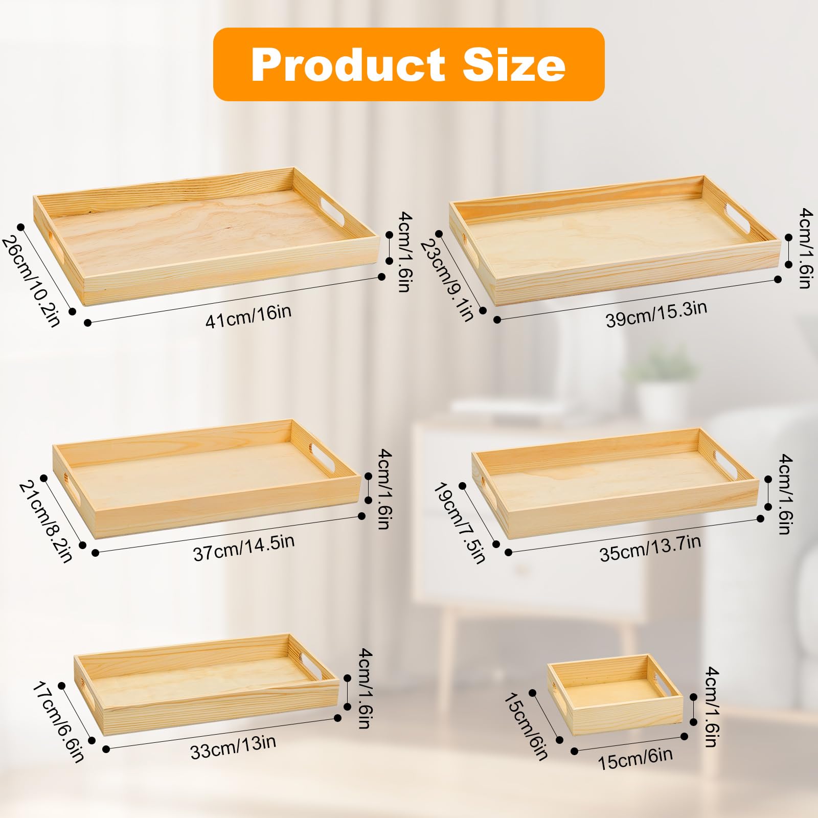 Bandejas de madera para servir con asa, 7 piezas de madera sin terminar anidadas para servir alimentos para manualidades, niños, aperitivos Montessori, decoración del hogar, cocina, fiesta, cena