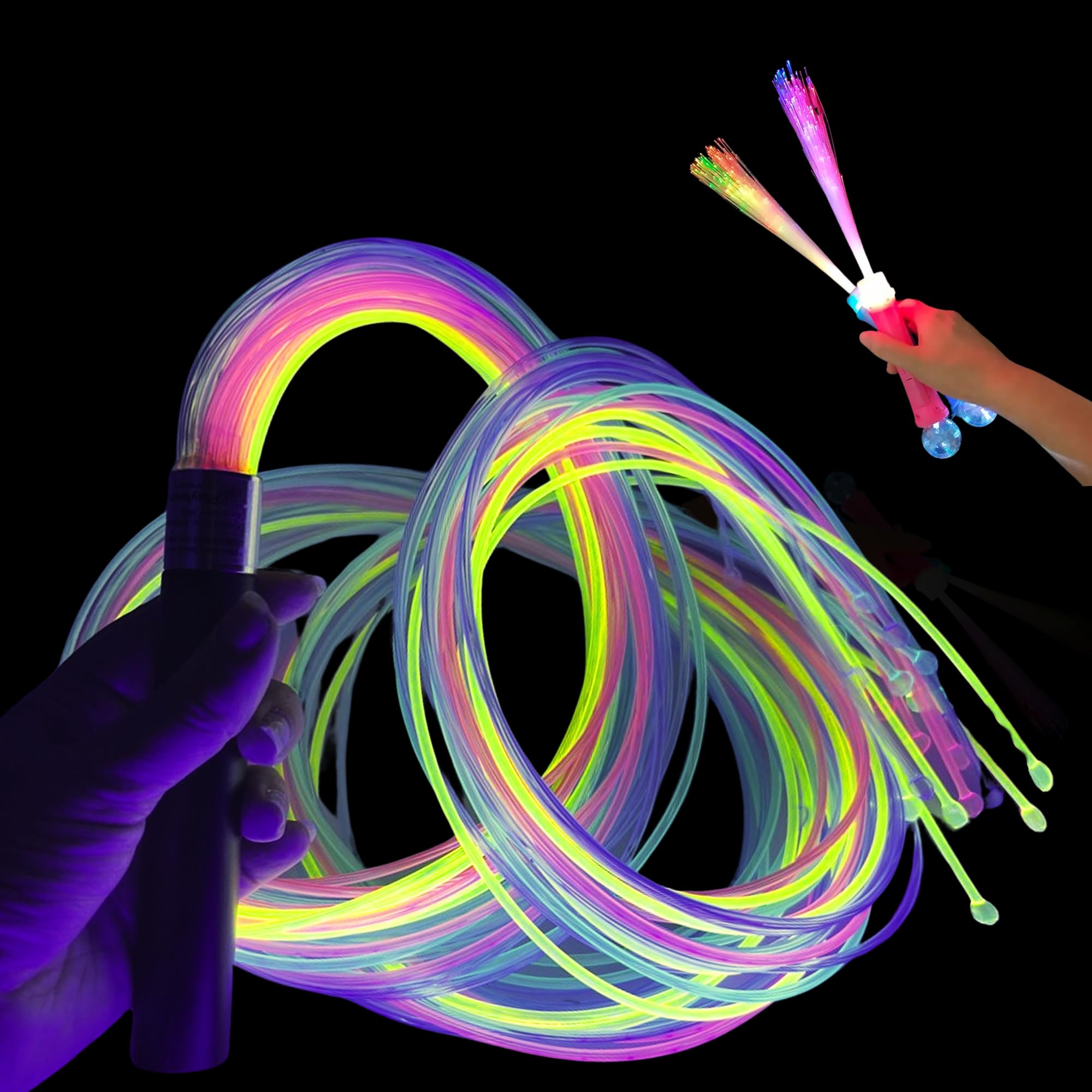 Playlearn Handheld Sensory Lights Fibre Optic LED Whip with UV Coloured Tails -1.5mx 30 Tails 7 Colors and 4 Glowing Modes - 2X Handheld Fibre Optic Light Kit Wand Set