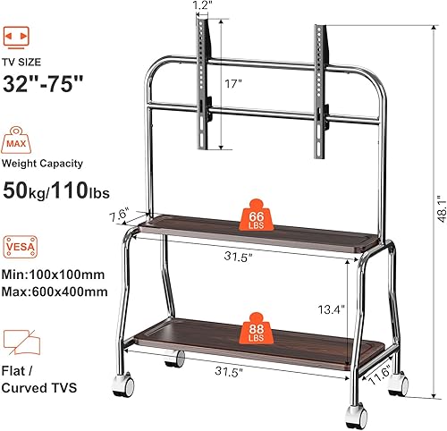 Miniatura 4 de Caballete de TV móvil con ruedas para pantallas planas LCD LED OLED de 32 a 75 pulgadas, soporte de TV portátil de acero inoxidable con ruedas de