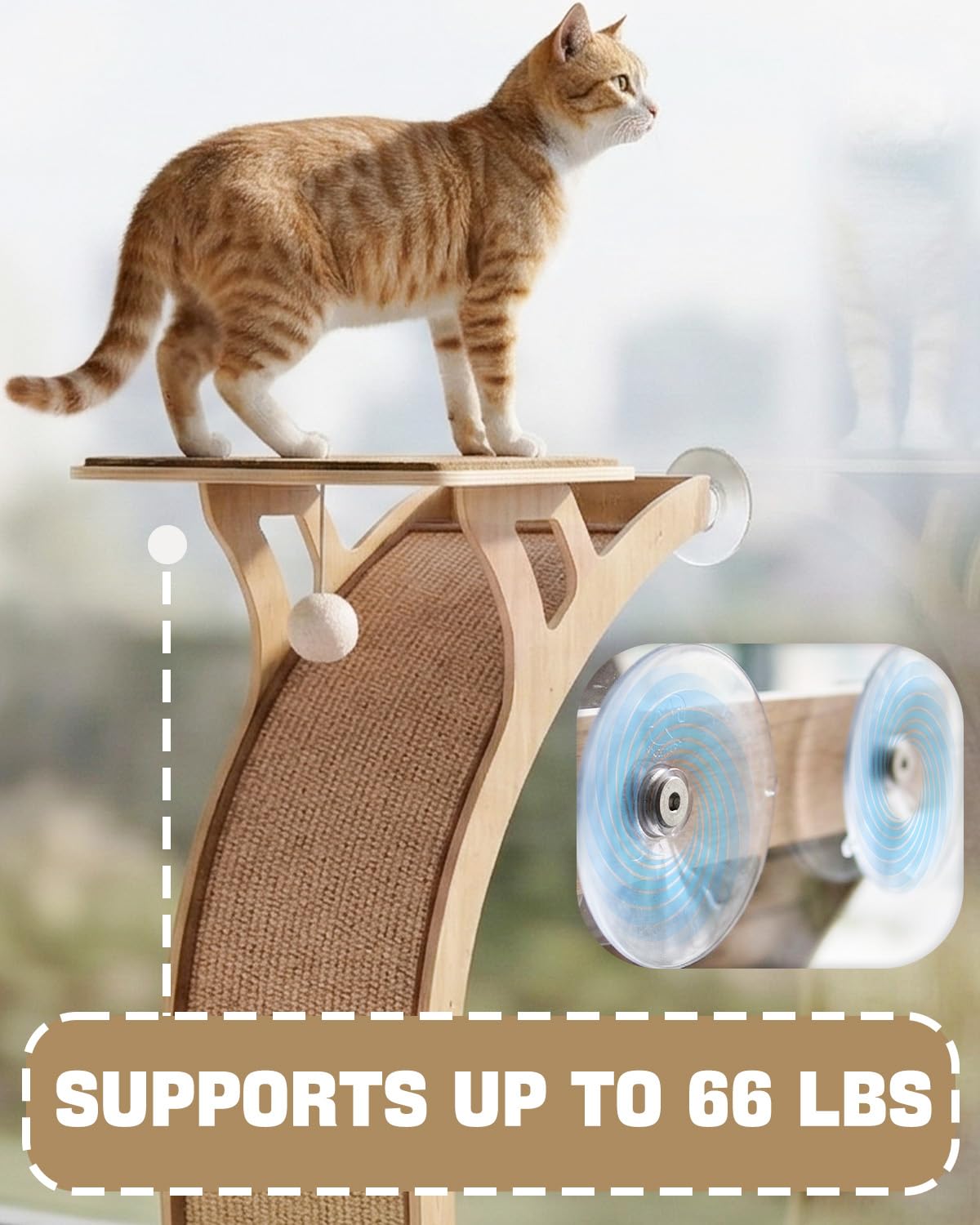 JKXJKX 119,4 cm pavimento finestra gatto trespolo con rampa graffio curva, 36,3 kg resistente finestra letto sedile con ventose, mobili per gatti di grandi dimensioni indoor bird watching