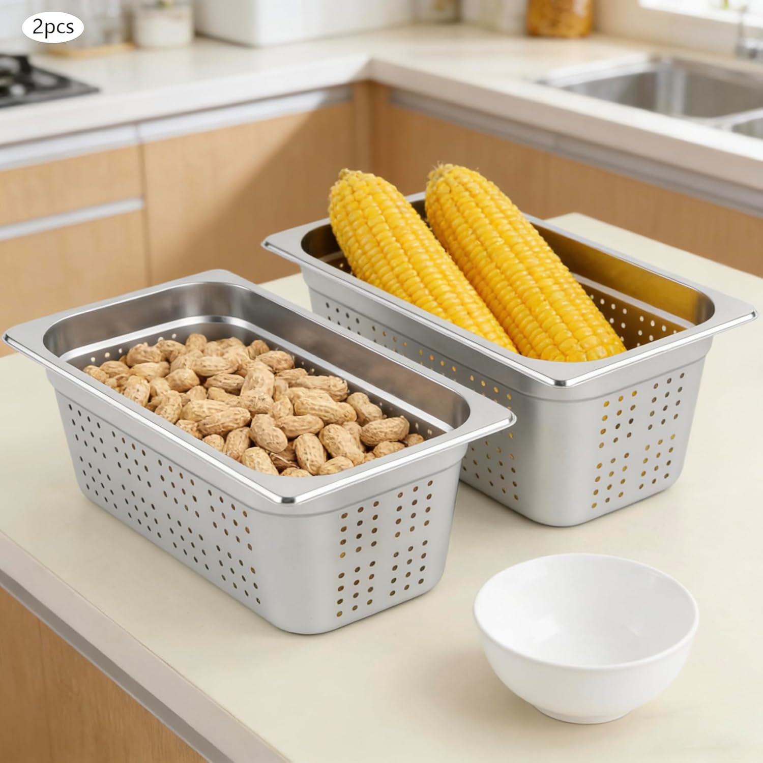 2 Pcs Filtering Pans, 6"Deep Anti-Jam Perforated Pan Stainless Steel Steam Pan Filter Basket, 1/3 Size Vegetable Fruit Washing Basin Food Pans Chafing for Hotel Catering Kitchen Restaurant