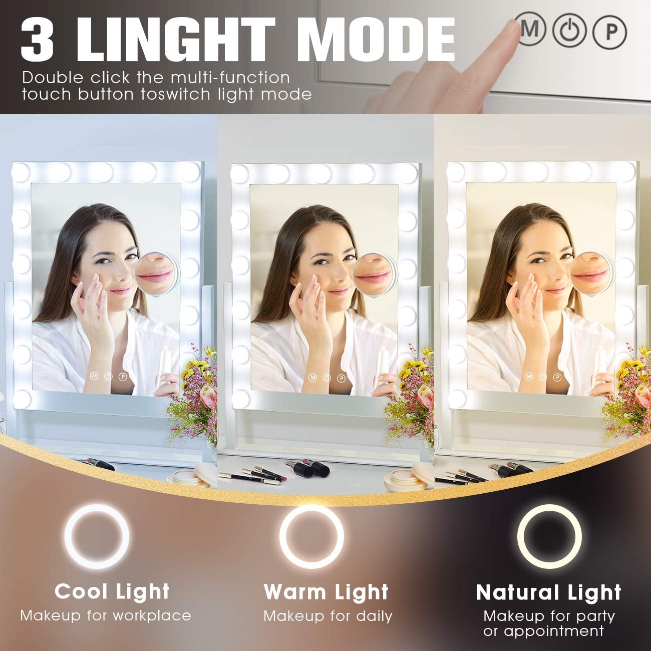 🔥 Hansong Large Hollywood Makeup Vanity Mirror with Lights,Plug in Light-up Professional Mirror,Removable 10x Magnification,3 Color Lighting Modes, Cosmetic Mirror with 15 Dimmable Bulbs
