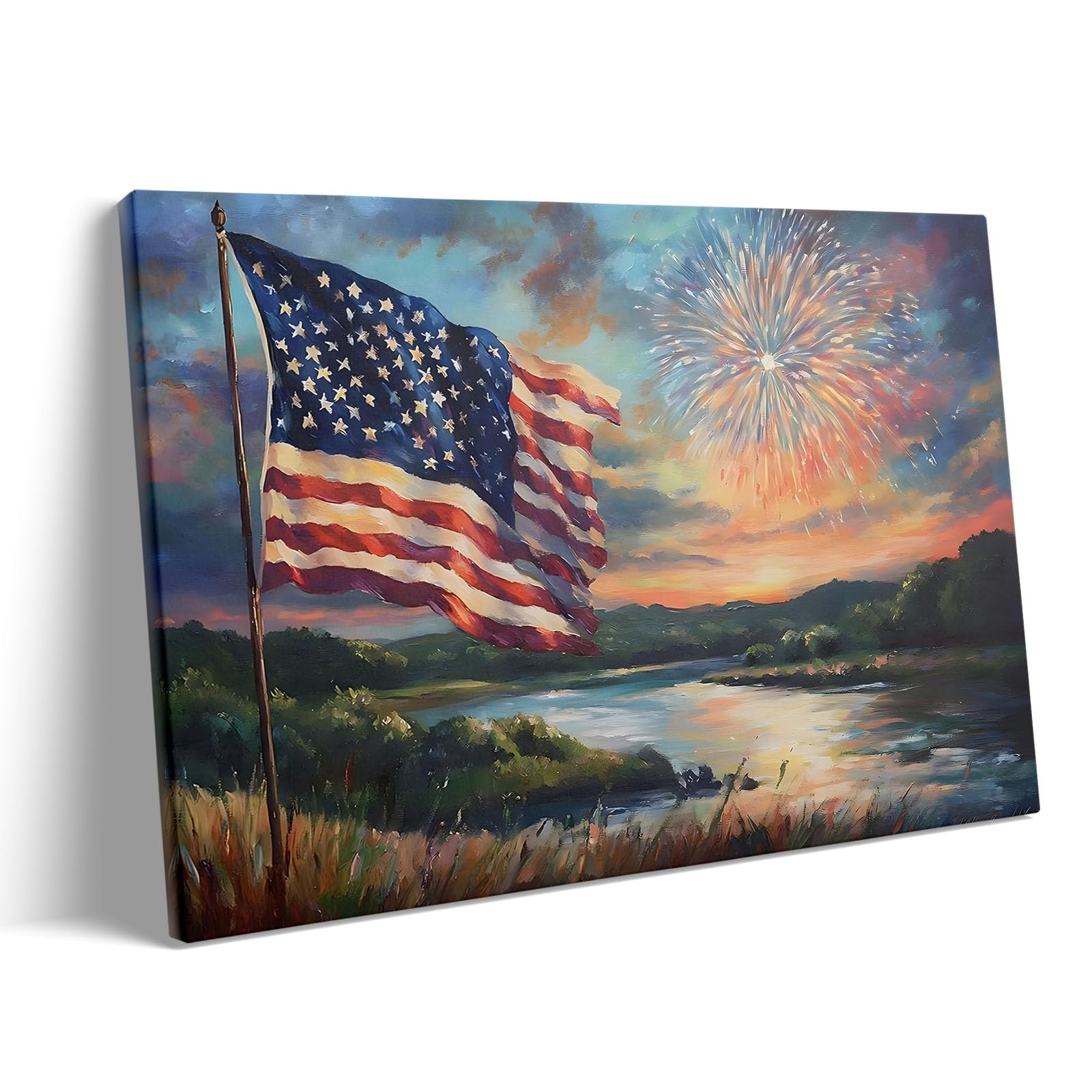 4th of July Canvas Wall Art, Sunset Lake and American Flag with Fireworks Print, Patriotic Memorial Day Independence Celebration Framed Artwork for Living Room and Porch Decor 16x20inch