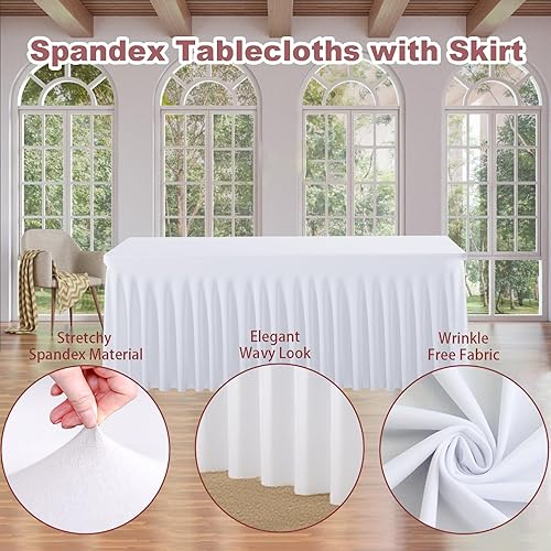Miniatura 3 de Paquete de 5 manteles de elastano blanco para mesas rectangulares de 6 pies, manteles elásticos sin arrugas con falda, manteles de poliéster para