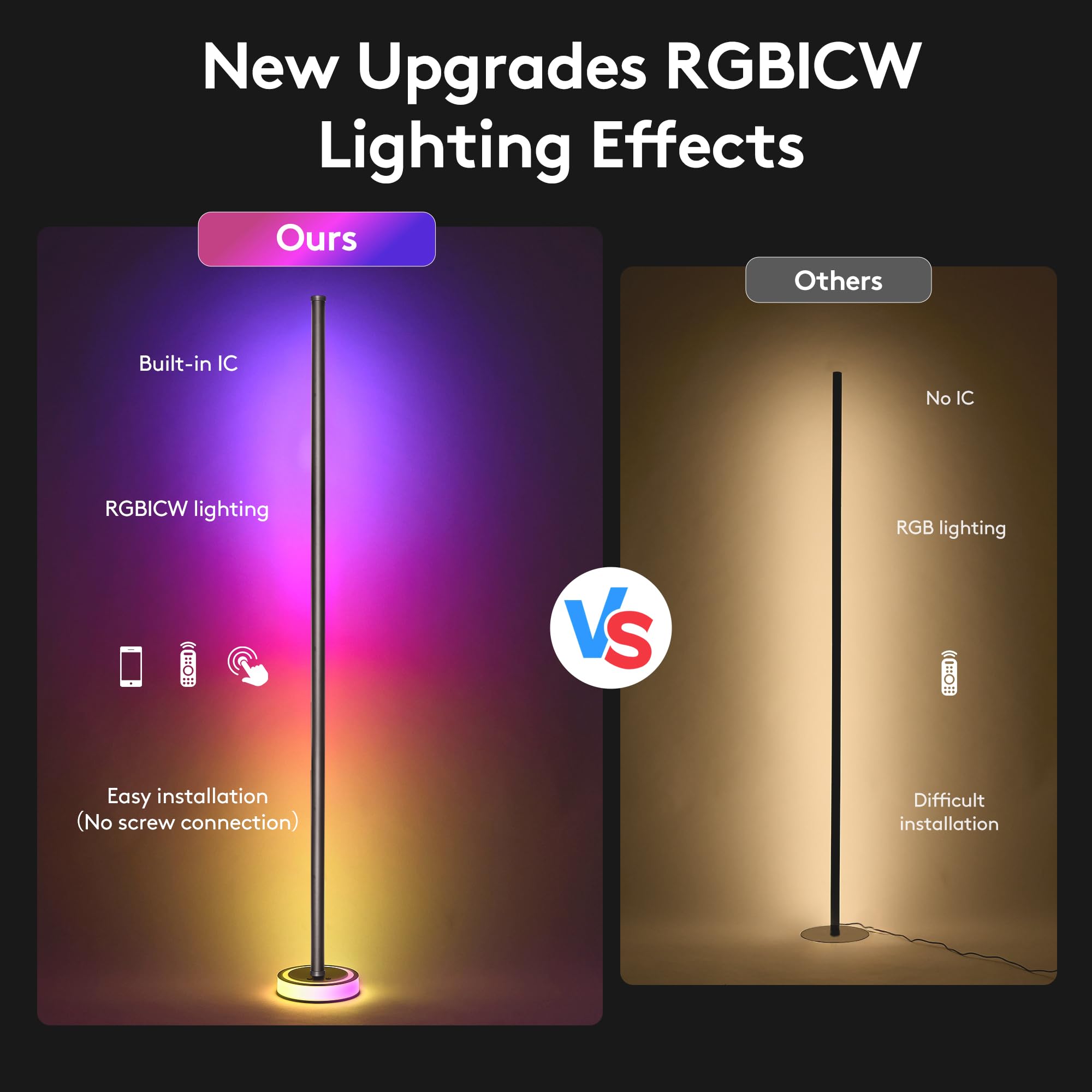 Inteligentna narożna lampa podłogowa LED, 150 cm, RGBICW, zmieniające kolor oświetlenia otoczenia, sterowanie aplikacją, synchronizacja muzyki, nastrojowe światło, nowoczesna ściemniana