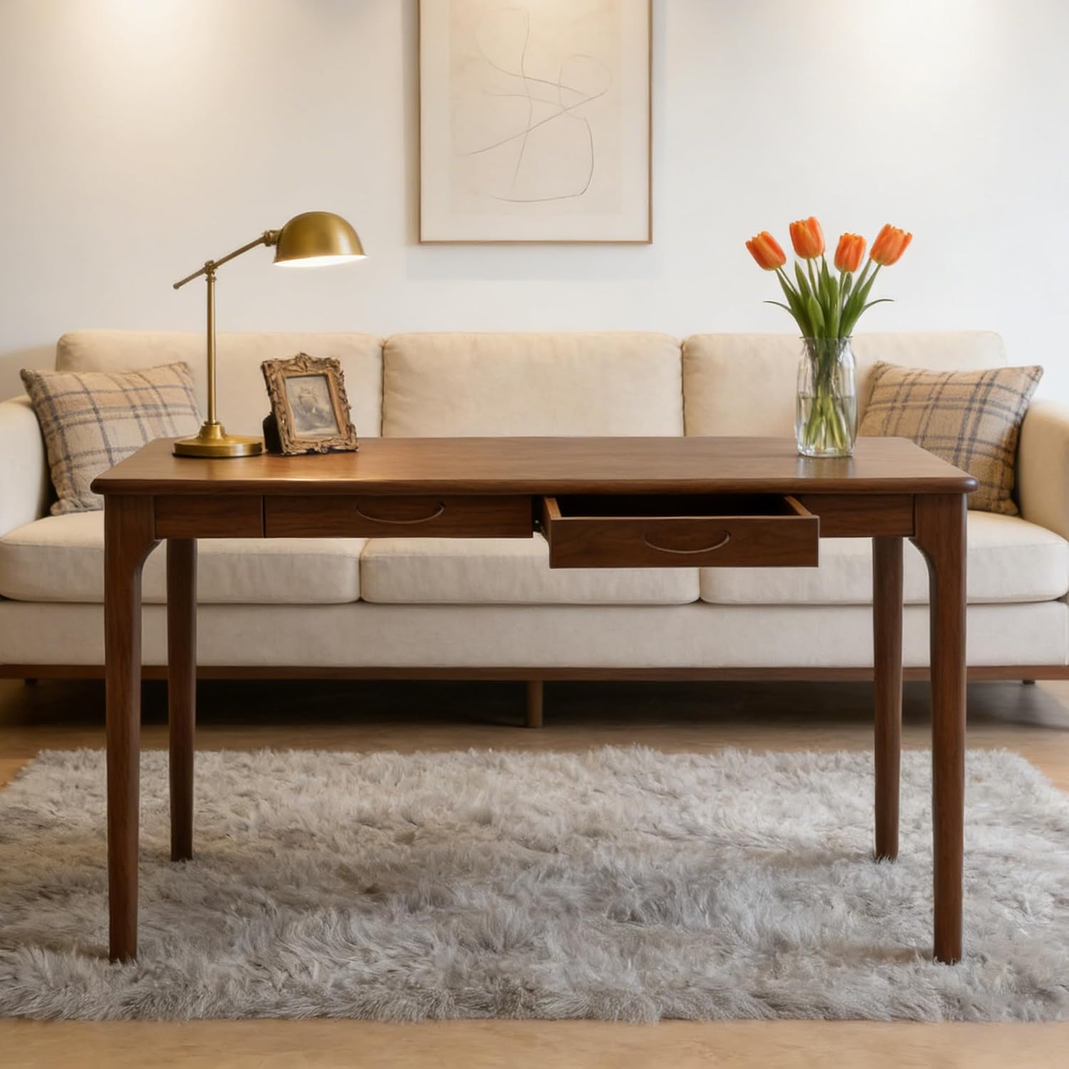 47" Solid Wood Desk with Drawers, Small Home Office Writing Wooden Desk, Gaming & Computer Desk for Bedroom, Work Study Table for Small Space(Walnut,47 Inch)