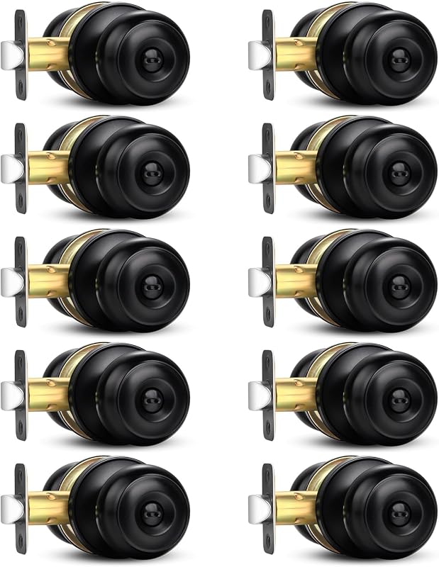 10 Pack Privacy Door Knob Round Keyless Doorknobs Interior/Exterior Lockset | Matte Black Privacy Locking Door Knobs Modern Design Door Hardware for Bedroom/Bathroom Reversible for Left/Right Door Handle