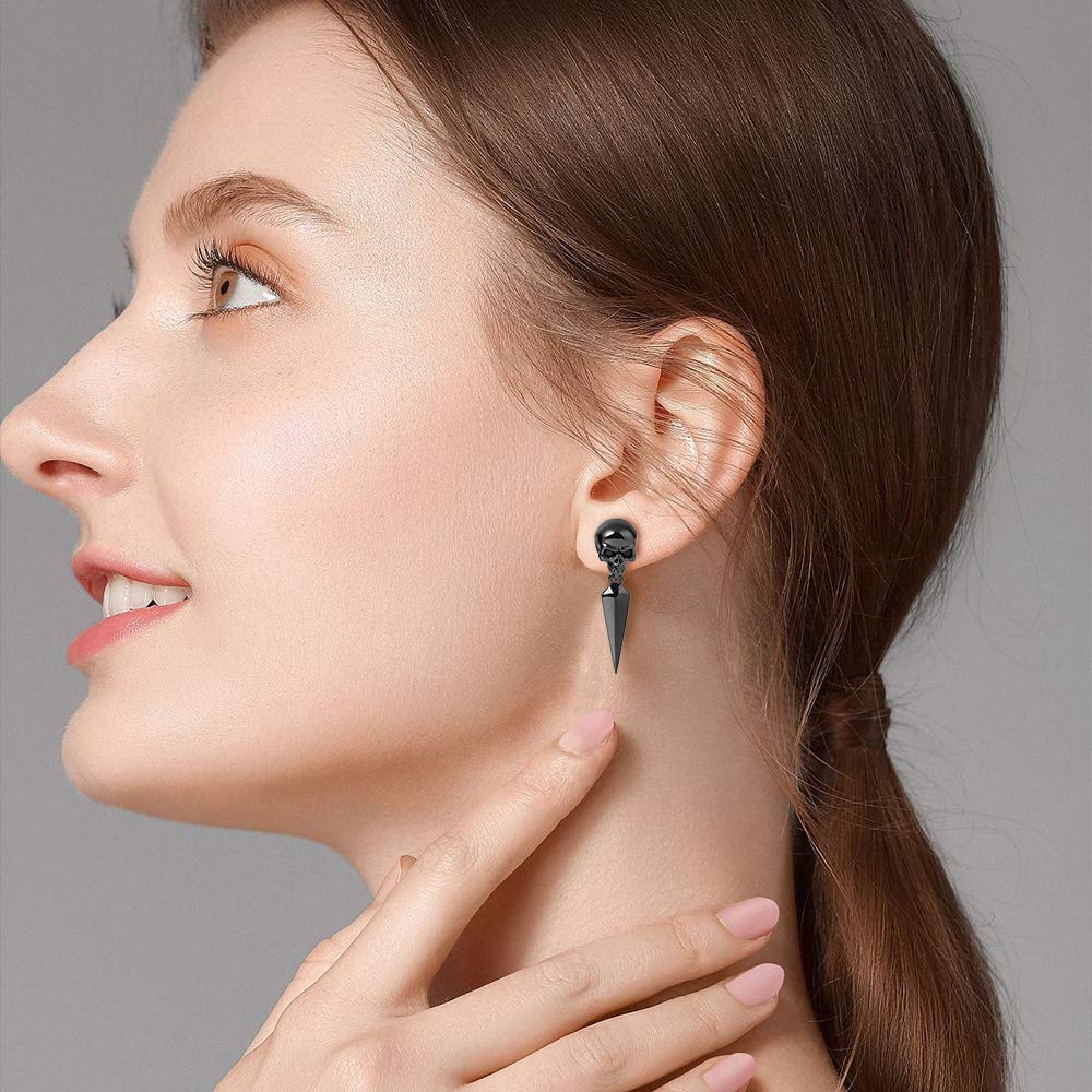 Gnoce Pendientes de calavera de plata de ley con punzón negro, aretes colgantes de moda para mujeres y hombres