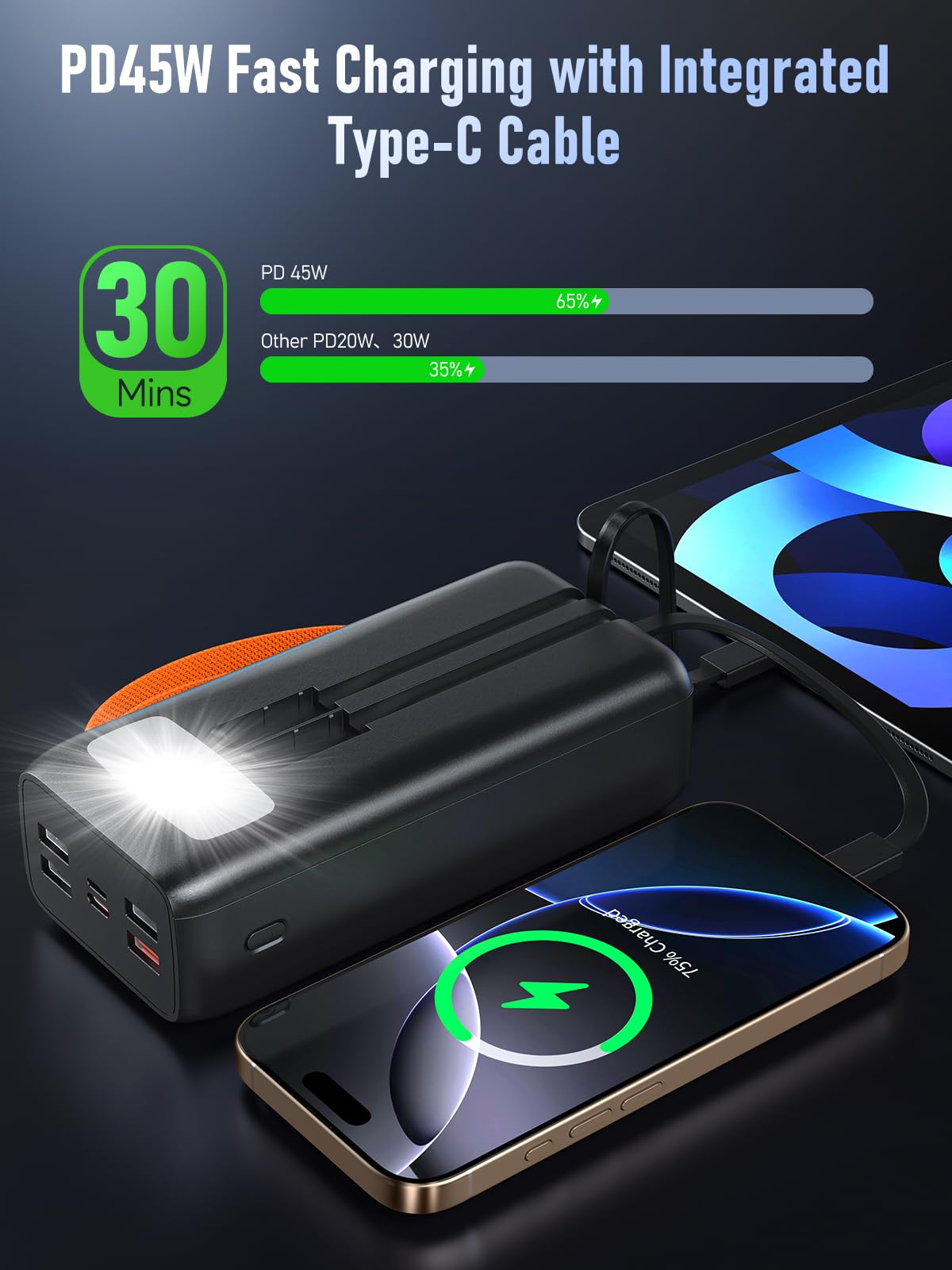60000mAh Power Bank 45W PD Caricatore Portatile Cavi Integrati Batteria