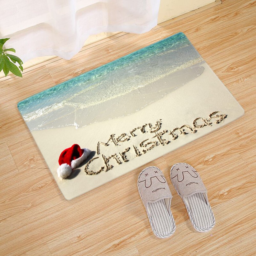 Merry Christmas Hat on Beach Custom Doormat Entrance Mat Floor Mat Rug Indoor/Outdoor/Front Door/Bathroom Mats Rubber Non Slip