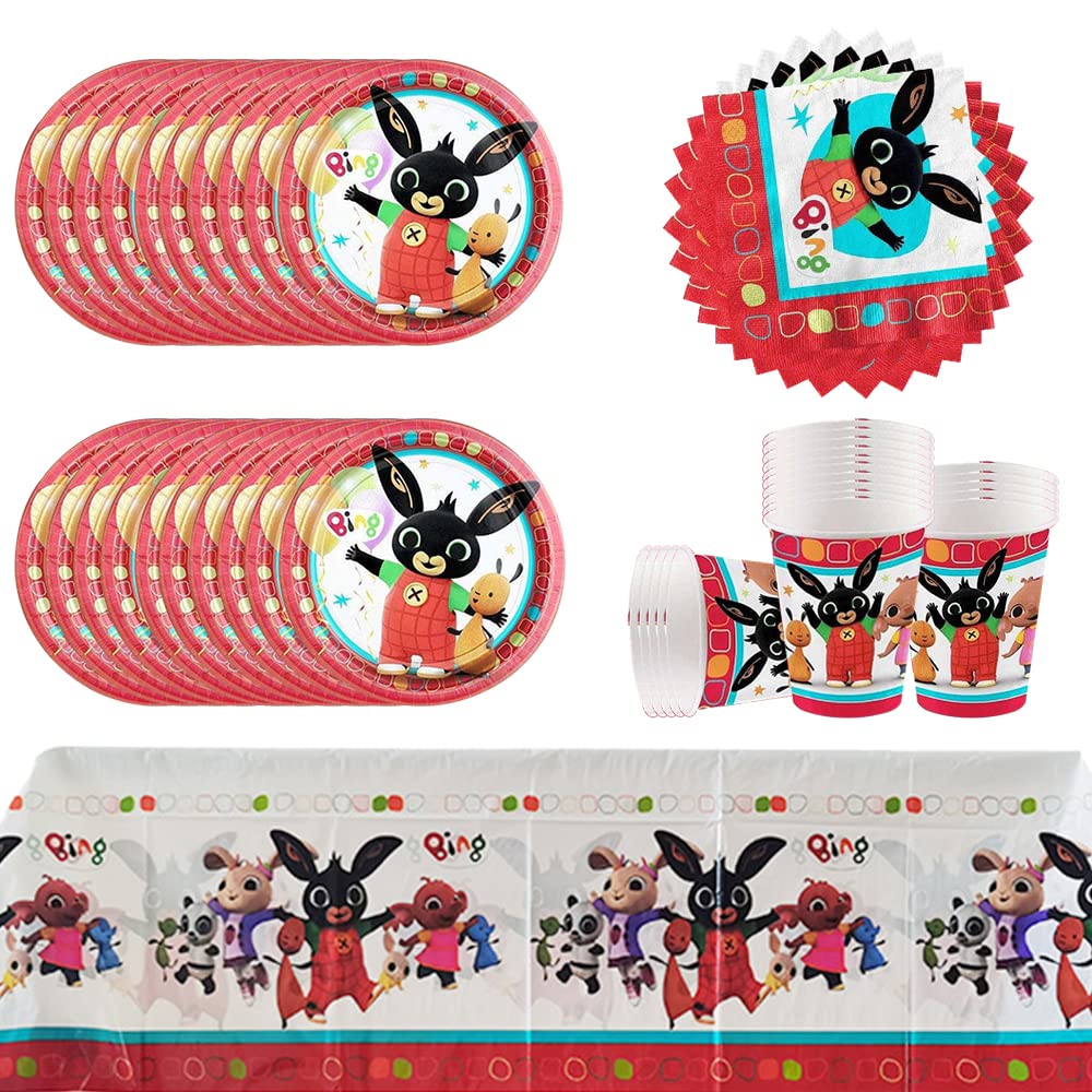 61 pezzi Set di stoviglie per feste a tema coniglietto, stoviglie per feste di compleanno per bambini, tovaglia, tazze, piatti, tovaglioli, set per 20 persone