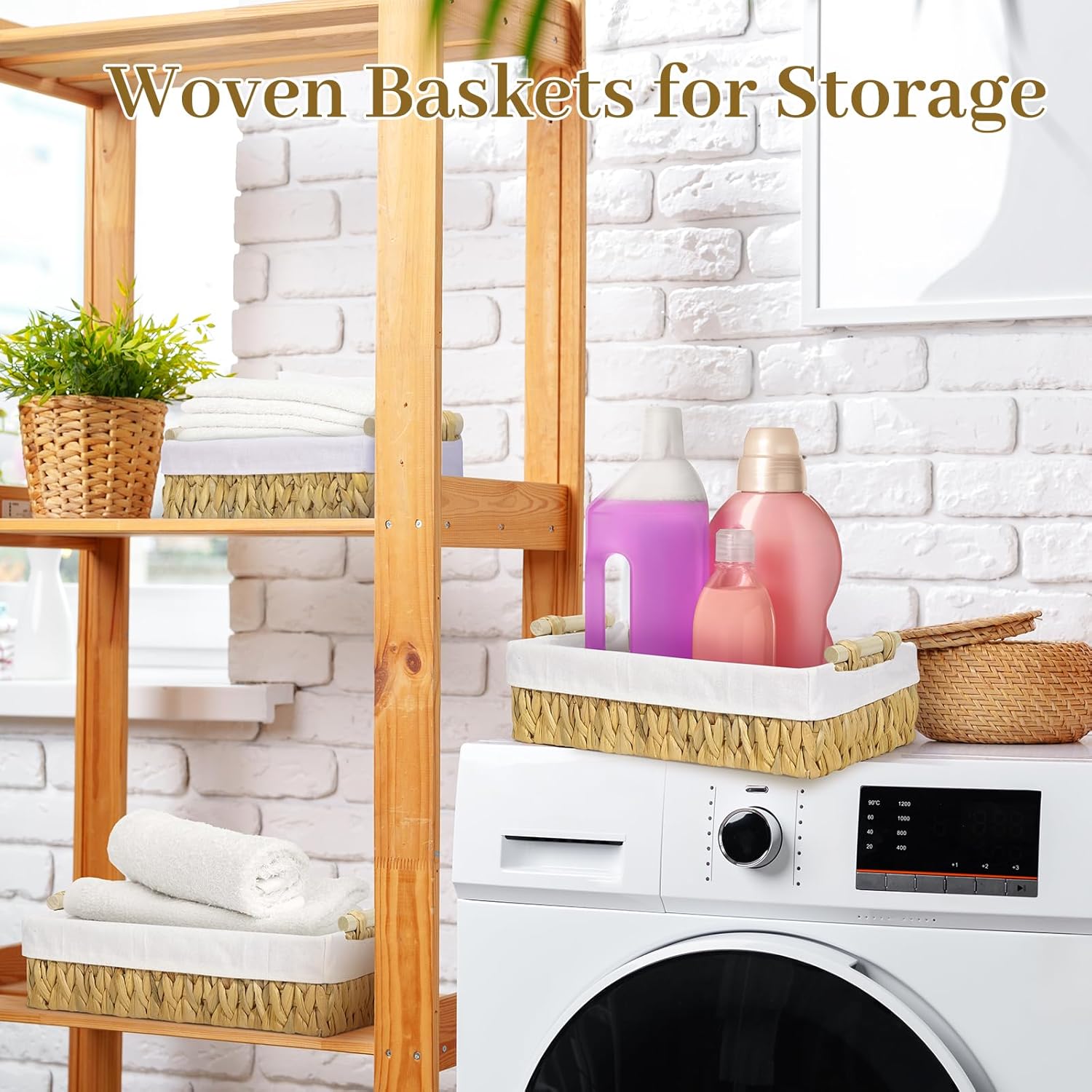 3 Pack Wicker Storage Basket,Boho Woven Baskets with Wood Handle Toilet Paper Storage Basket Bathroom Organizers and Storage