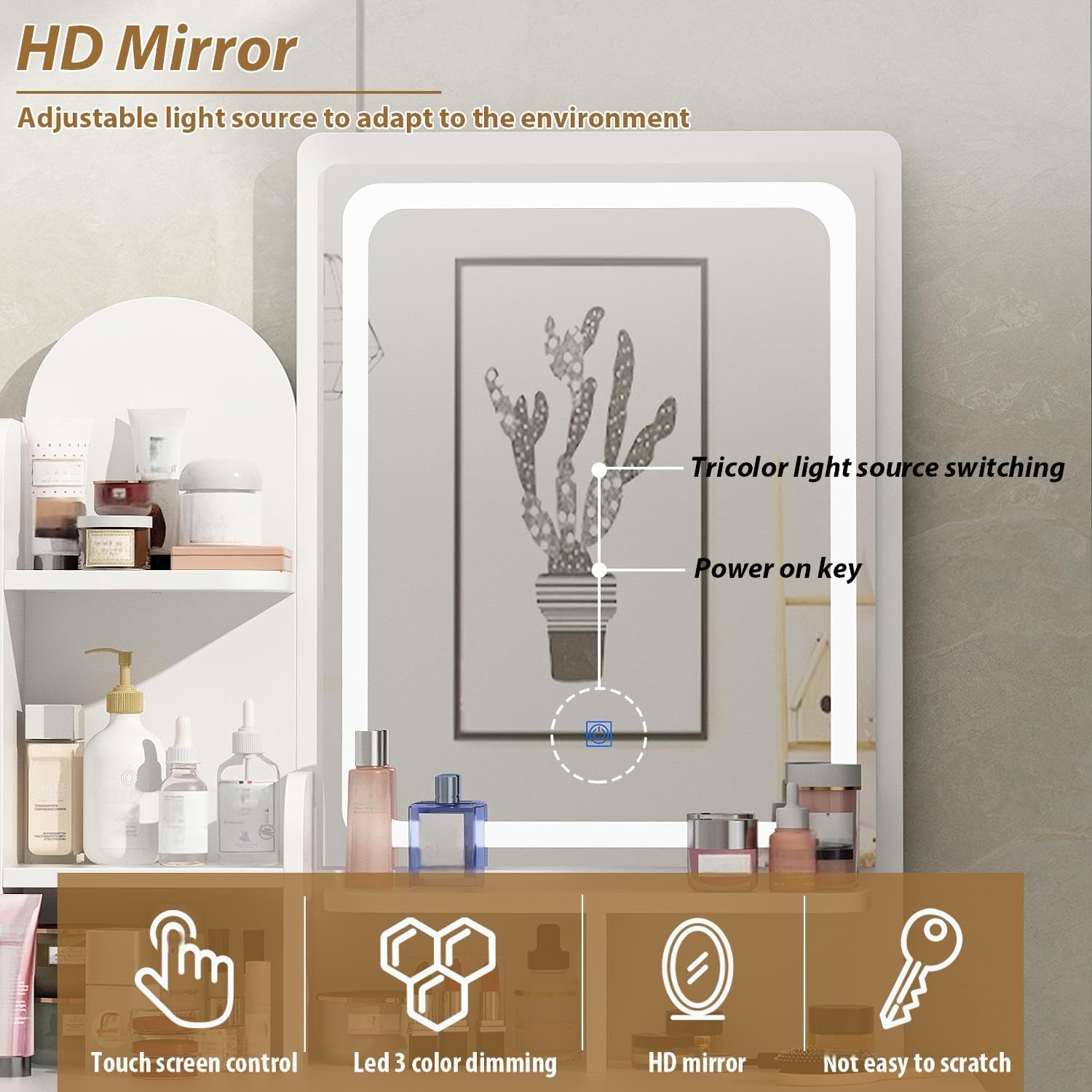 FUFU&GAGA Vanity Set with Rectangular Mirror, Makeup Vanity Dressing Table with 5 Drawers, Shelves, Dresser Desk and Cushioned Stool Set (B White/Lighted Mirror)