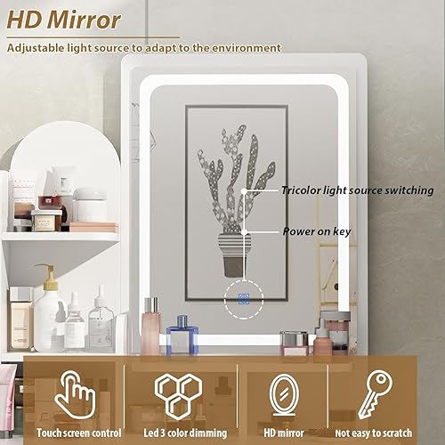 Miniatura 7 de FUFU&GAGA Juego de tocador con espejo rectangular, tocador de maquillaje con 5 cajones, estantes, tocador y taburete acolchado (A blanco/espejo