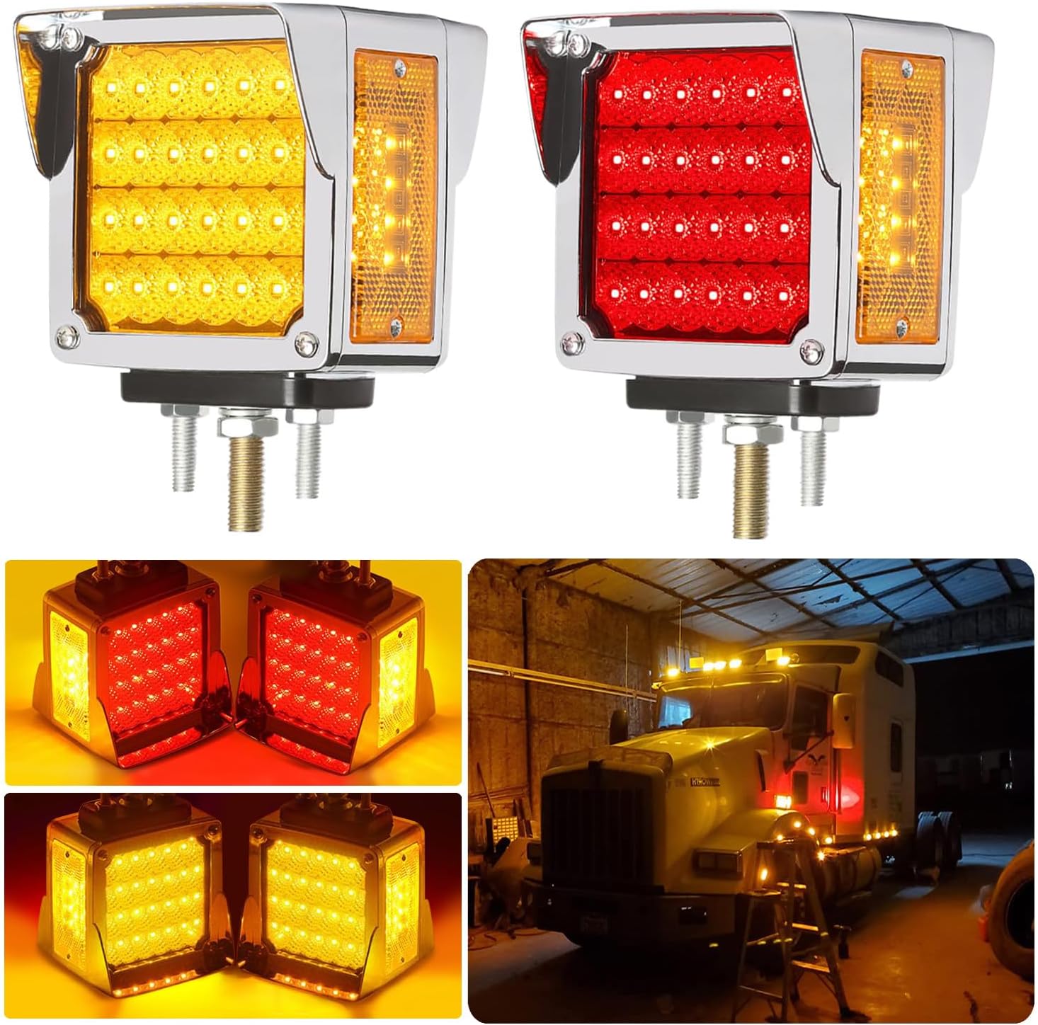2Pack Double Face Square LED Fender Pedestal Amber/Red 60 LED w/Chrome Visor Square Truck Trailer Fender Stop Tail Turn Signal Lights w/Side Reflex Marker Driver and Passenger Side