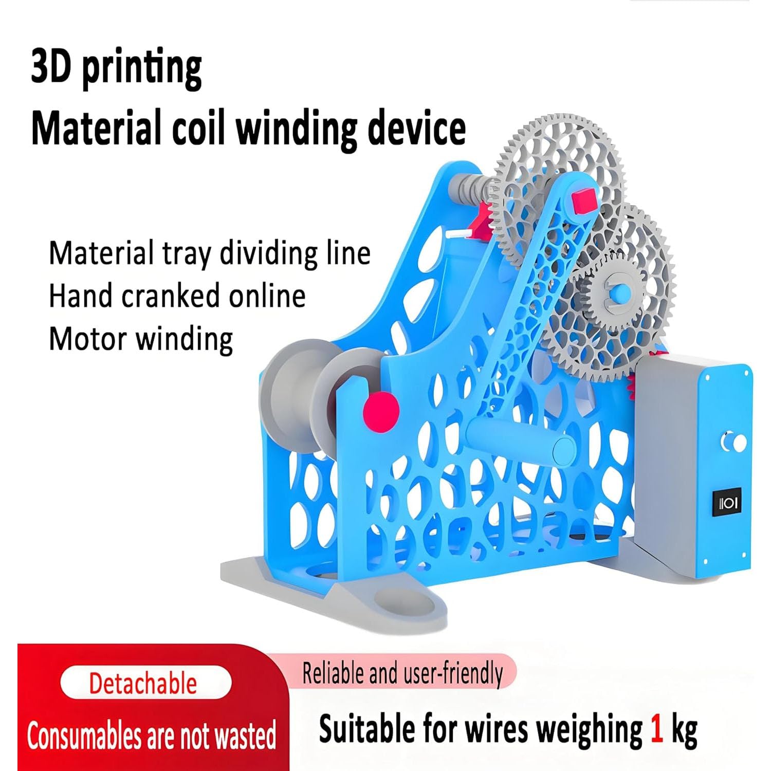 Nawijarka do filamentu do drukarki 3D, elektryczna nawijarka materiałów eksploatacyjnych z korbką ręczną, modułowa konstrukcja odłączana dla entuzjastów druku 3D (Blue)