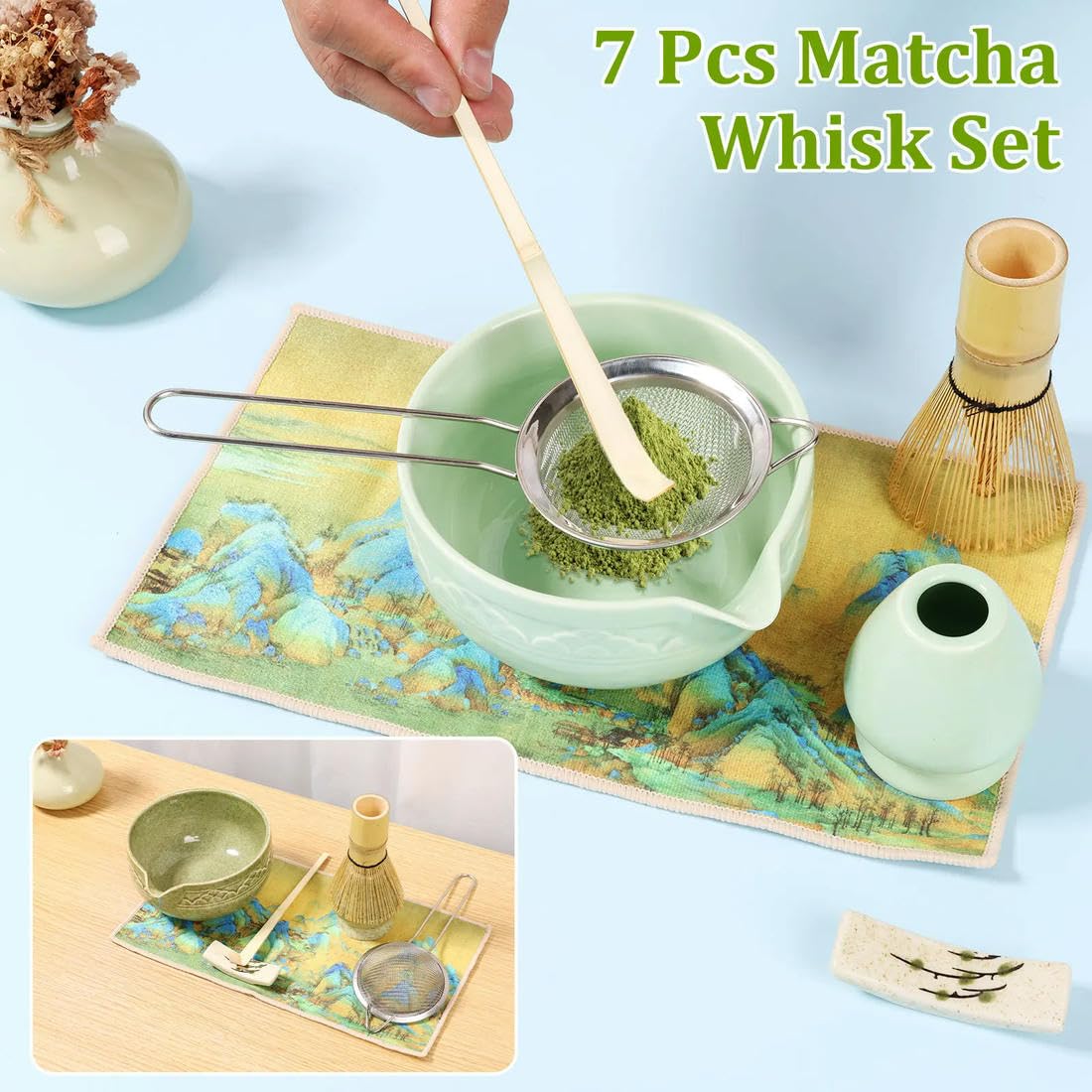 7-teiliges handgefertigtes Matcha-Schneebesen-Geschirrtuch-Set aus Keramik für Zuhause, temperaturbeständig, Matcha-Schüssel-Schaufel-Set, leicht zu reinigen