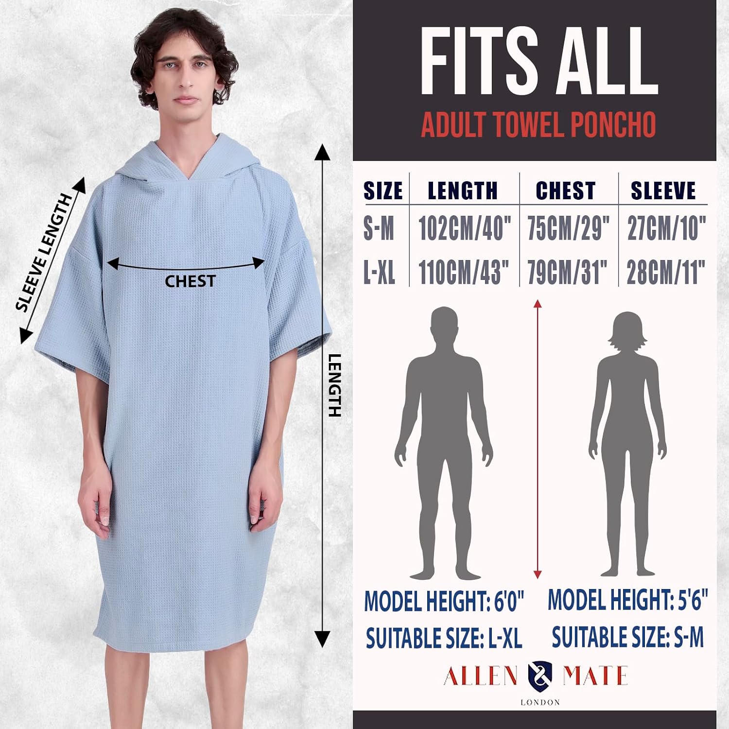 ALLEN & MATE 100% Cotton Hooded Surf Poncho Changing Robe for Men Women Medium Weight Dual Fabric Waffle Outside Terry Inside