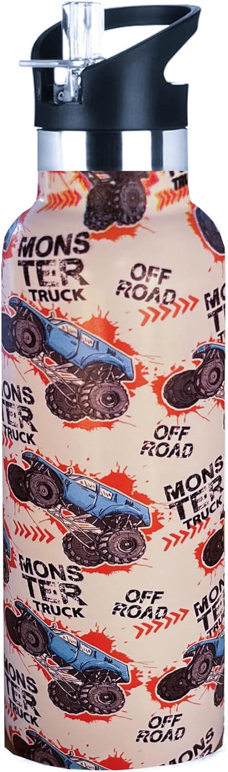 Kid Water Bottle,Monster Trucks Water Bottle with Straw Lid Insulated Stainless Steel Travel Mugs for Sport Gym Outdoor 20oz