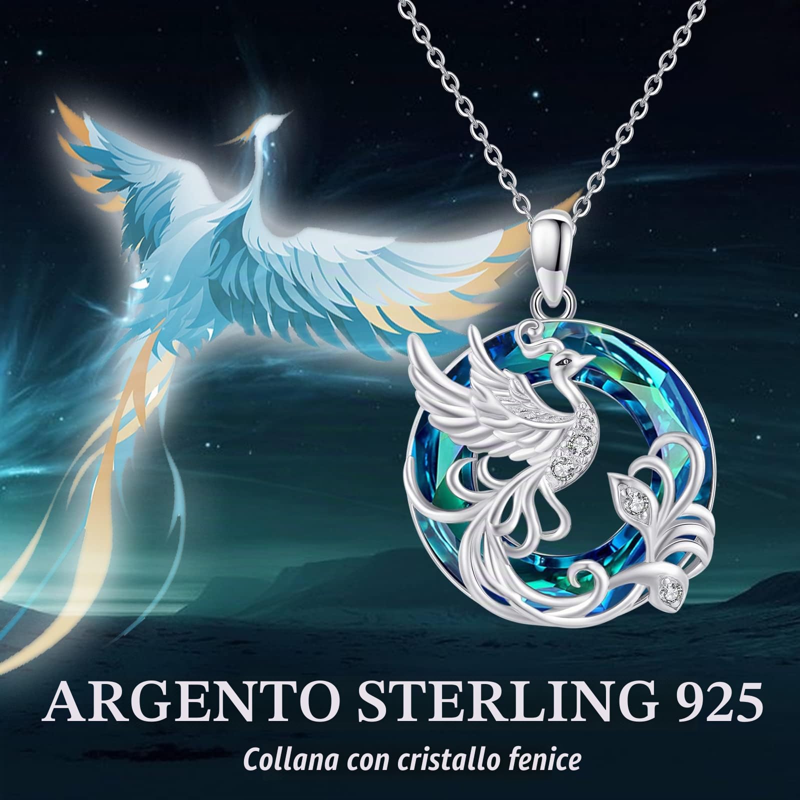 Collana Fenice da Donna, Pendente Fenice con Cristalli Austria Argento Sterling 925 Nirvana Phoenix Gioielli Regali per Natale Compleanno