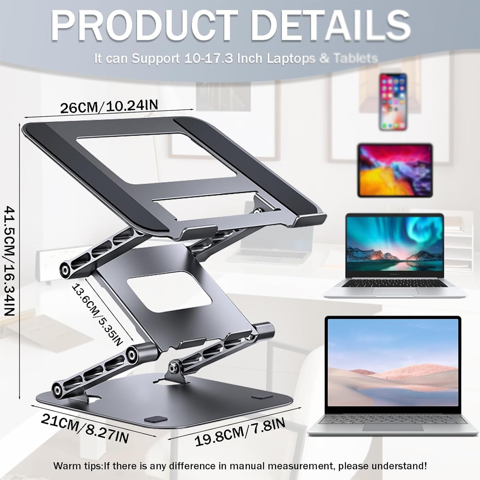 Podstawka na laptopa, ergonomiczna podstawka na laptopa, składana podstawka na laptopa o trzech poziomach, stalowa, wytrzymuje 4 kg, do czytania i łatwego przenoszenia,o przekątnej 10-17,3 cala