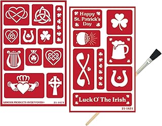 Armour Etch Over N Over Reusable Glass Etching Stencils | Etch Stencil Set with Irish Theme with Shamrock, Clover, Celtic Knot, Harp Designs | Includes Brush, Total 3 Items