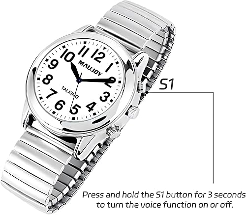 Miniatura 3 de English Talking Men's Watch for Elderly, Low Vision or Visually Impaired, Loud Sound, Large Numbers, Bold Hands, Stainless Steel Expandable Strap