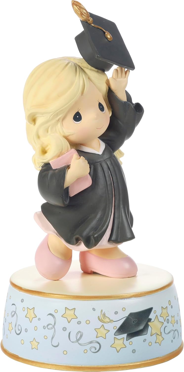 Precious Moments Resin Figurine: Graduation Musical with Blonde Girl in Black Gown, Celebratory Keepsake for Graduation from Kindergarten to Grad School, Plays Pomp and Circumstance