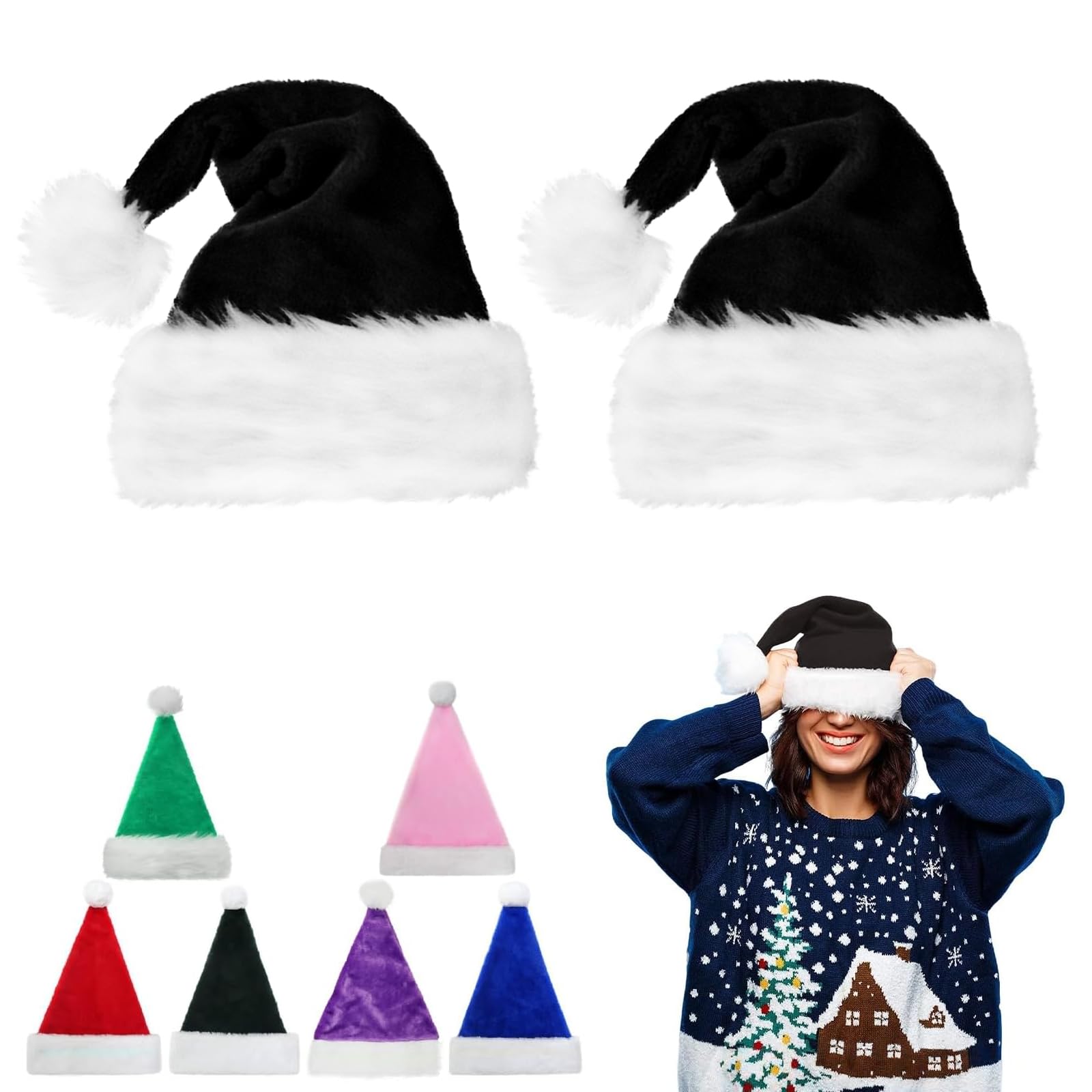 45cm Christmas Hats Santa Hat for Adults,2 Pcs Deluxe Velvet Xmas Santa Claus Hat,Unisex Velvet Comfort Christmas Party Hat Thicken Classic Fur for New Year Festive Christmas Party Supplies(Black)