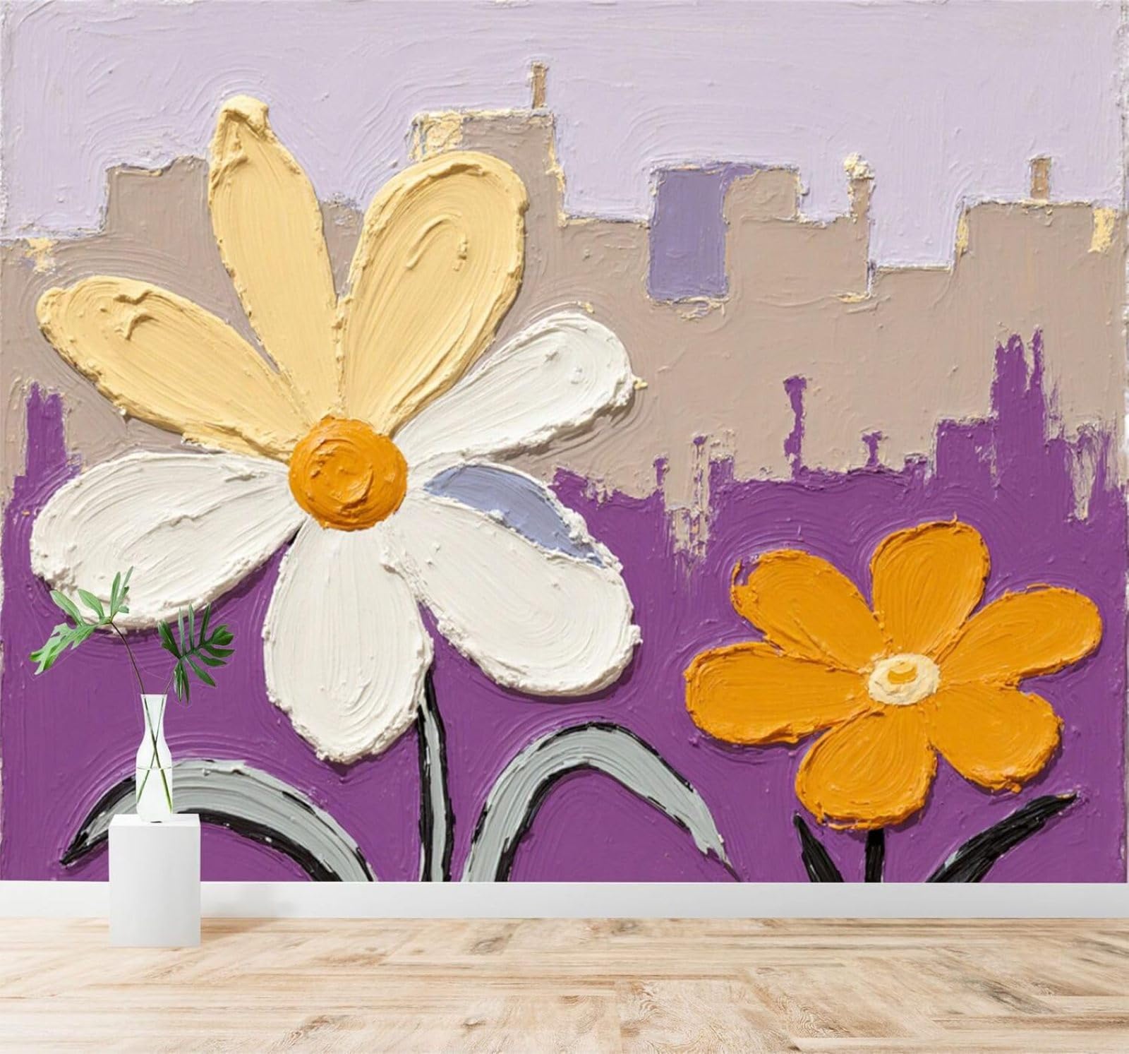3D Papel Pintado Dibujo A Mano Color Beige Flores Amarillas Abstracto Color