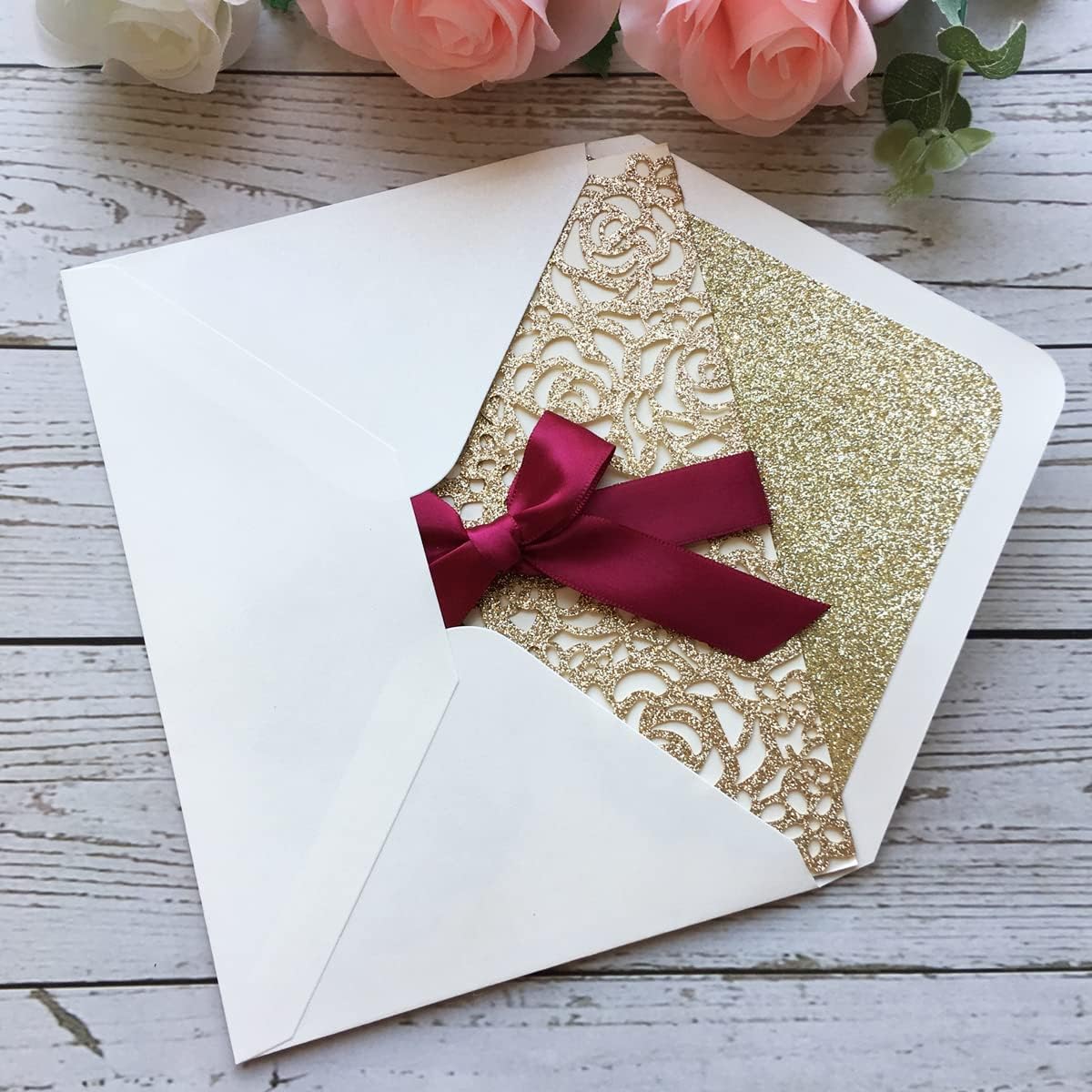 50PCS A7 Glitter Envelopes with Adhesive Self-Sealing, 5.3 x 7.7 inches Pearlescent Envelopes Perfect for 5'' x 7'' Weddings Invitation (Pearl Ivory + Champagne Gold Glitter Liner)