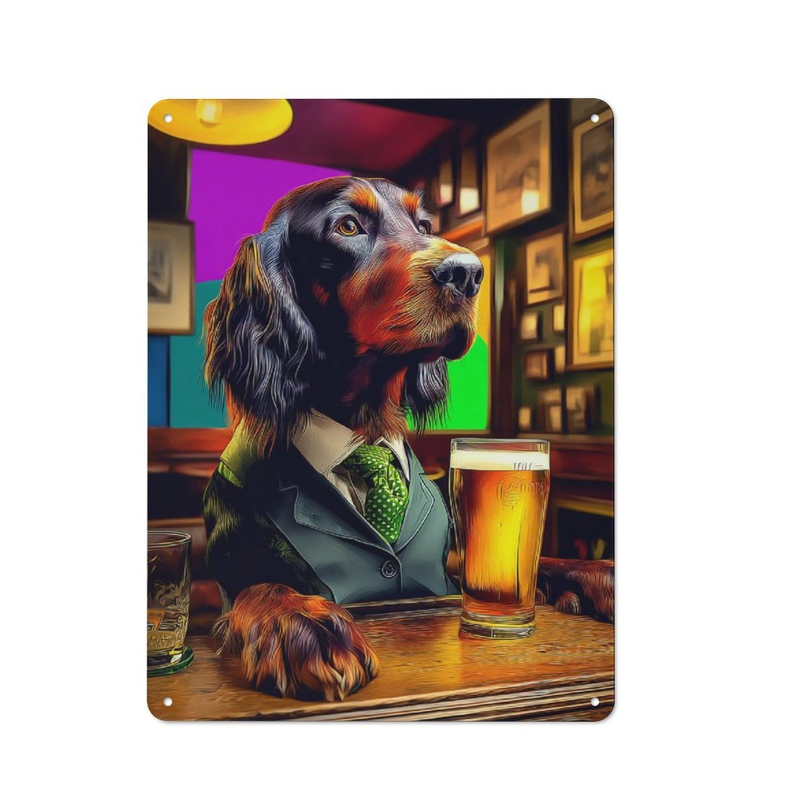 Junmoney Dog In Suit Enjoying Beer At Bar -1 Farmhouse Metal Sign 40X30cm, Barn Style Rustic Kitchen Decor For Cottage, Kitchen, Hallway Or Breakfast Nook