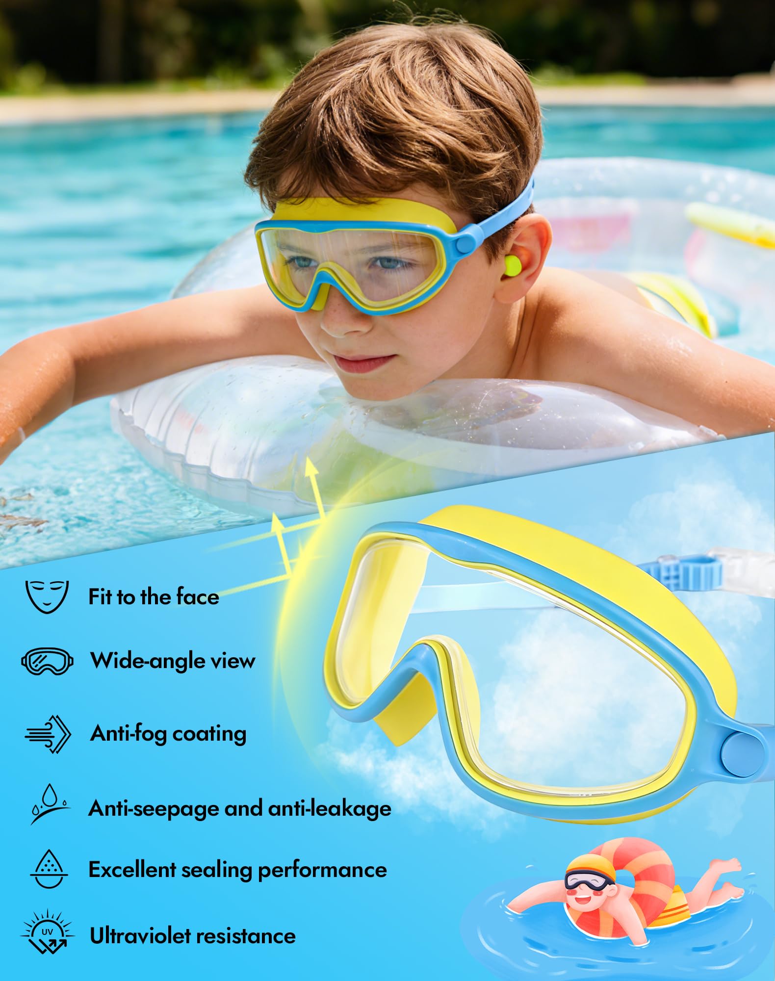 Swimbi Splsh Vision Brille, Blumi Baby Splashyeyes Goggles, Anti-Fog & UV Kinder Schwimmbrille mit Ohrstöpseln & Nasenklammer, Weitsicht Schwimmmaske für Kinder 3-14