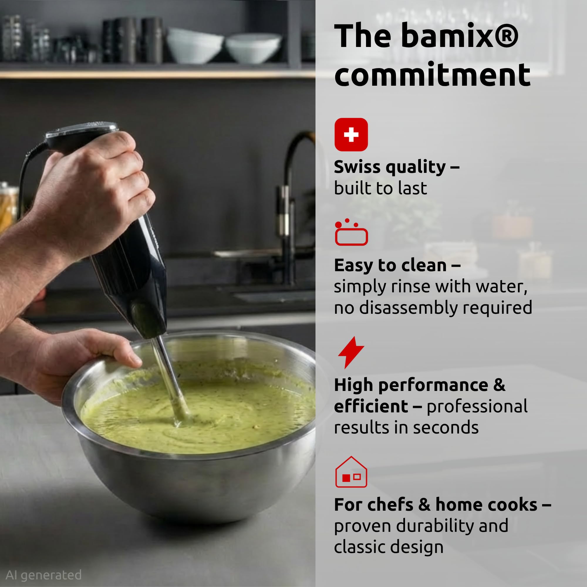 bamix M350 MAXX Blender ręczny z uchwytem, 2 szklanki, 4 narzędzia, procesor, szpatułka, szczotka do czyszczenia, 300 W, wyprodukowano w Szwajcarii, czarny i chromowany