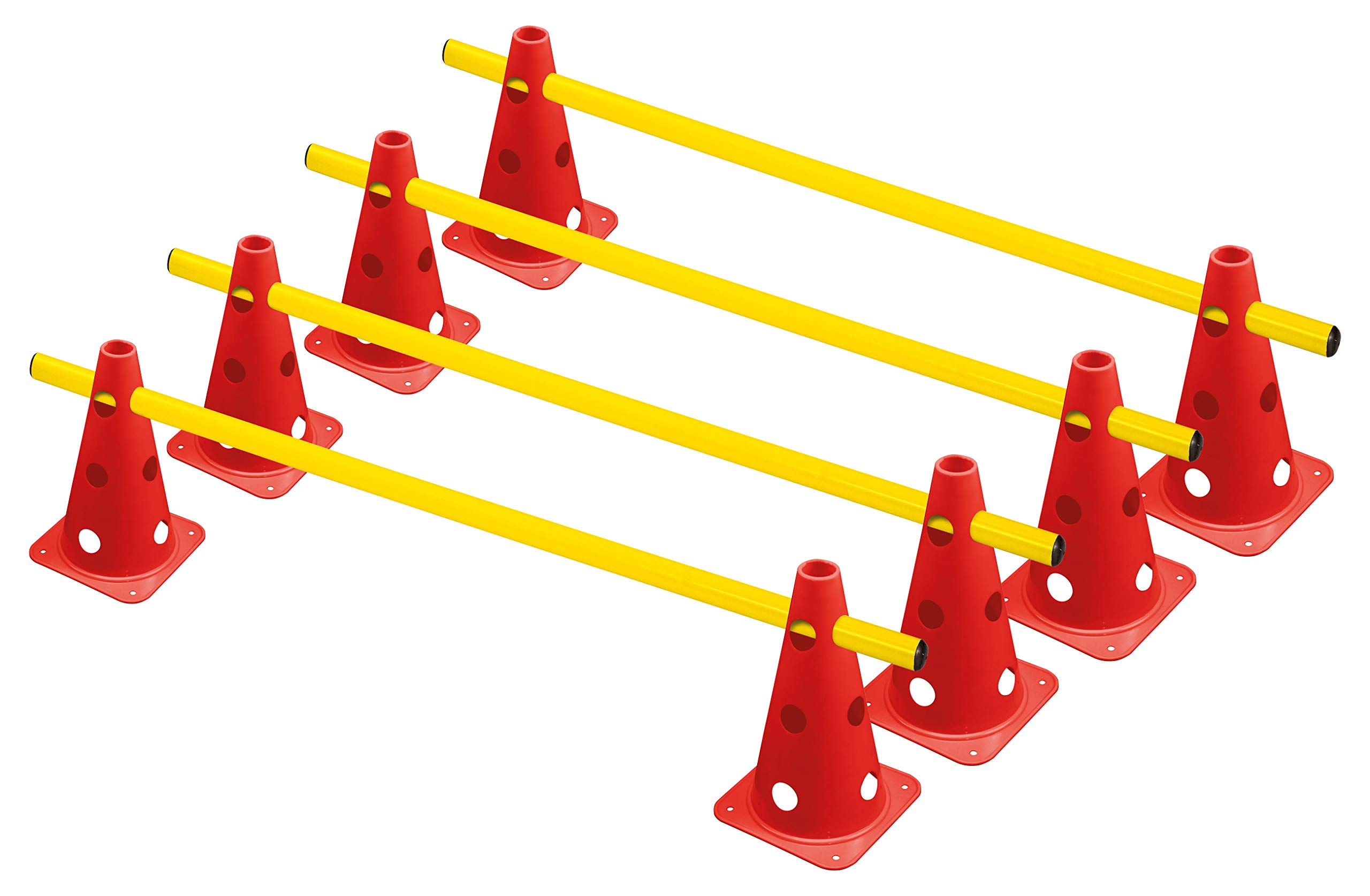 Steckhürdenset 4er | 8 rote Kegel: 22,5cm | 4 gelbe Stangen: 1m