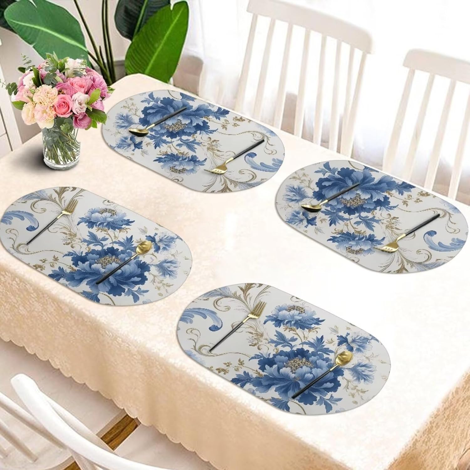 Blue Floral Oval Placemats and Coasters Washable PU Leather Placemats Place Mats Wipeable Non-Slip Kitchen Dining Table Mats