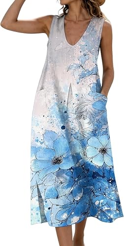 Boho Dresses for Women Casual Summer Dress Womens Summer Sleeveless V-Neck Cotto