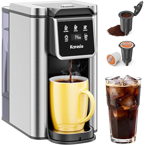 K Cup Coffee Maker, Hot & Iced Coffee Maker for K Cup and Grounds, 6-14 Oz Brew Sizes, 50oz Removable Tank, Single Cup Coffee Maker with Descaling Reminder, Stainless Steel, Black