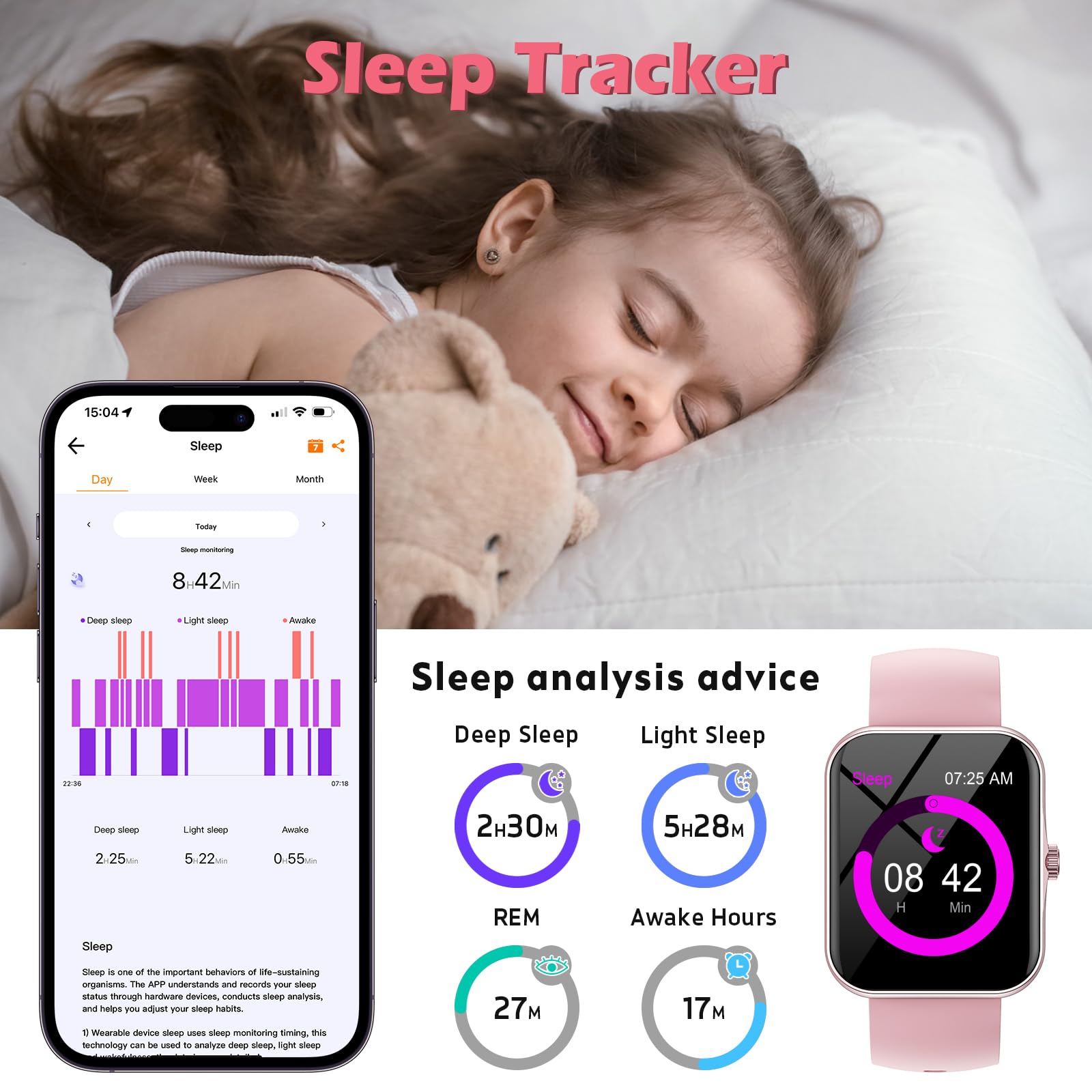 Orologio Smartwatch per Bambini, 1.8" Intelligente Fitness Tracker per Ragazzi Ragazze con 100+ Modalità Sportive, Contapassi, Sveglia, Sonno, Giochi, Smart Watch per Bambino Ado 5-16 Regalo, Rosa