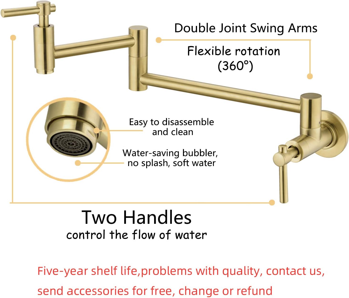 Top Brands BZOOSIU Pot Filler Faucet Wall Mount, Double Joint Swing Arms Solid Brass Folding Faucet, Single Hole Two Handles Wall Mount Kitchen Faucet, Brushed Gold