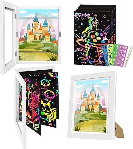 Paquete de 2 marcos de arte para niños, juego de 20 piezas de papel mágico para rascar arcoíris con 2 lápices de madera, apertura frontal de 8.58 x
