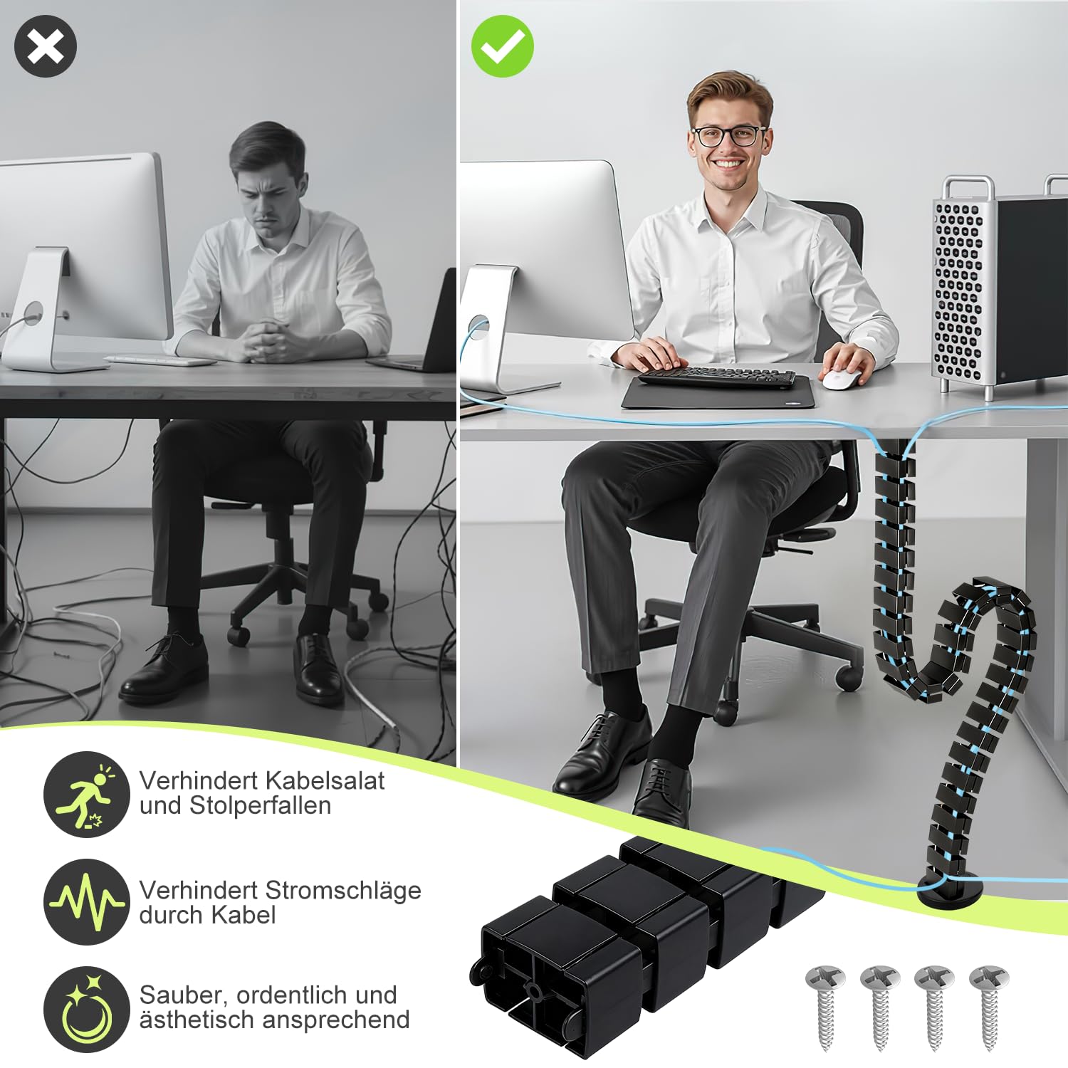 Guía De Cables Vertical Columna Organizadora De Cables Gestión De Cables Flexible para El Escritorio 125cm Guía De Cables De Montaje para Escritorio Regulable En Altura (Negro)