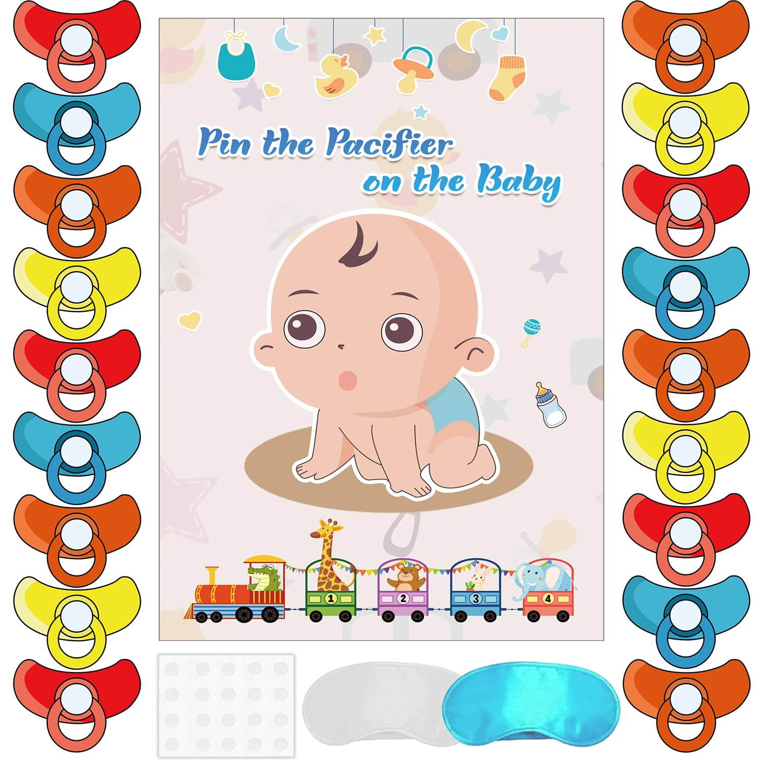 T-Antrix Pin The Pacifier on The Baby Game -Baby Shower Party Games with 21'' x 28'' Poster, Reusable Pacifiers Party Supplies for Kids Birthday Party