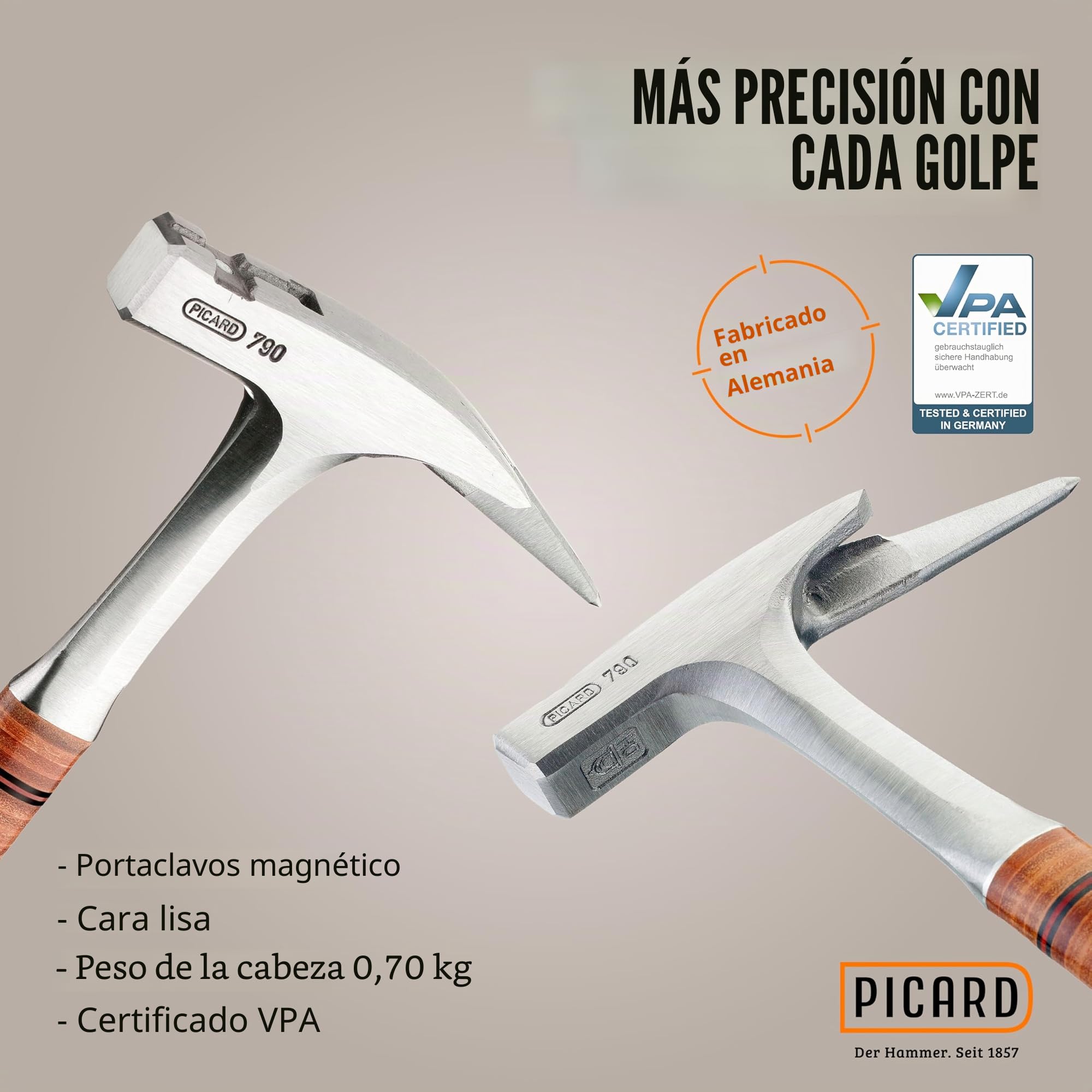PICARD Martillo de carpintero de acero inoxidable Nº 790 liso | Soporte magnético para clavos | Mango de cuero de núcleo resistente a la torsión | Peso: 907 g | Ideal para techadores y carpinteros |