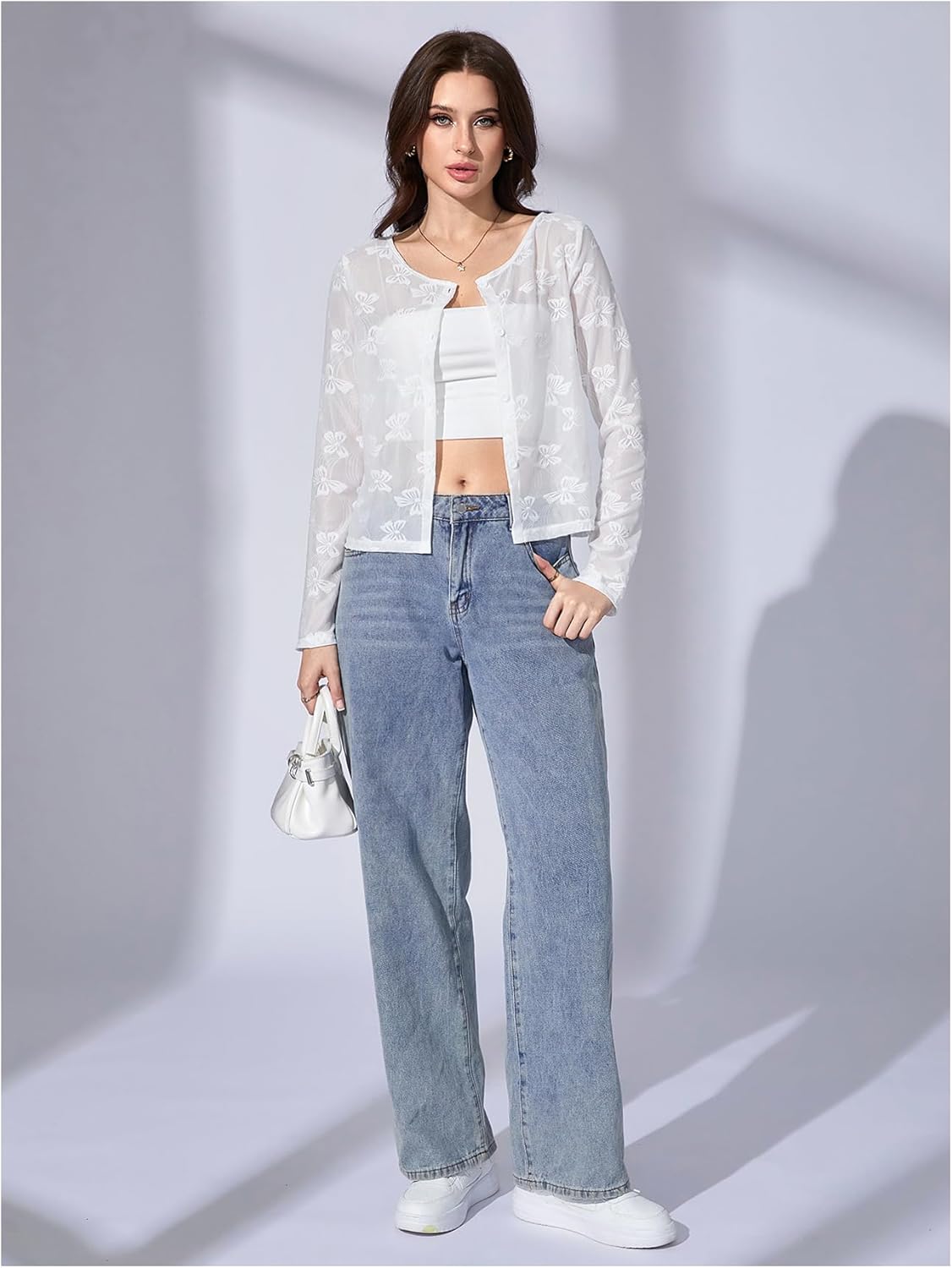 OYOANGLE Women's Sheer Mesh Button Front Cardigan Casual Long Sleeve Lightweight Cardigans - Image 5