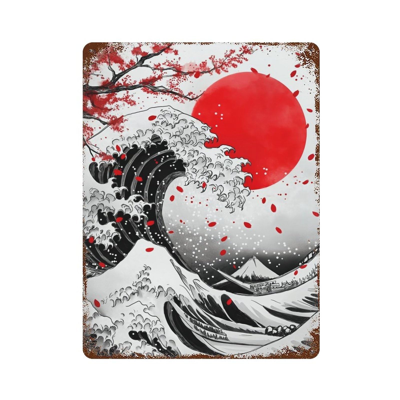 Katsushika Hokusai Wave Red Moon 15.7"x11.8" Rust Effect Tin Sign, Industrial Home Decor for Living Room, Hallway And Home Decor