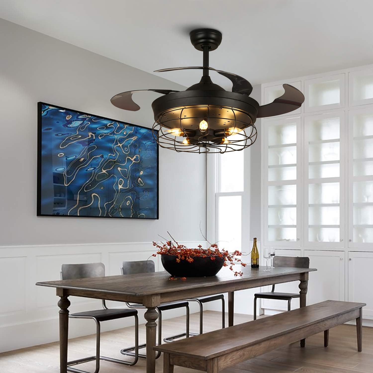 Wееklу Tор Sаlе 7PM Caged Industrial Ceiling Fan with Light, Black Retractable Blades Chandelier with Fan Remote Control Rustic Style Ceiling Light Fandelier 6 Speeds Classic Fan Light for Living Room Bedroom 36 Hоttеѕt Sаlеѕ 7PM Caged Industrial Ceiling Fan with Light, Black Retractable Blades Chandelier with Fan Remote Control Rustic Style Ceiling Light Fandelier 6 Speeds Classic Fan Light for Living Room Bedroom 36